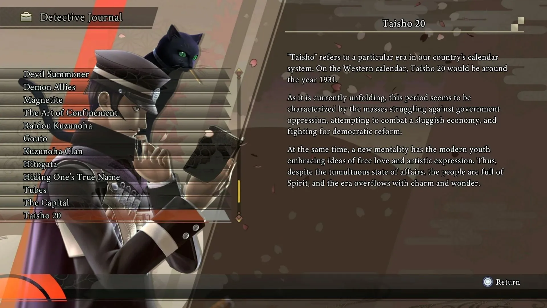 Giao diện Nhật ký Thám tử (Detective Journal) ghi lại thông tin trong game RAIDOU Remastered