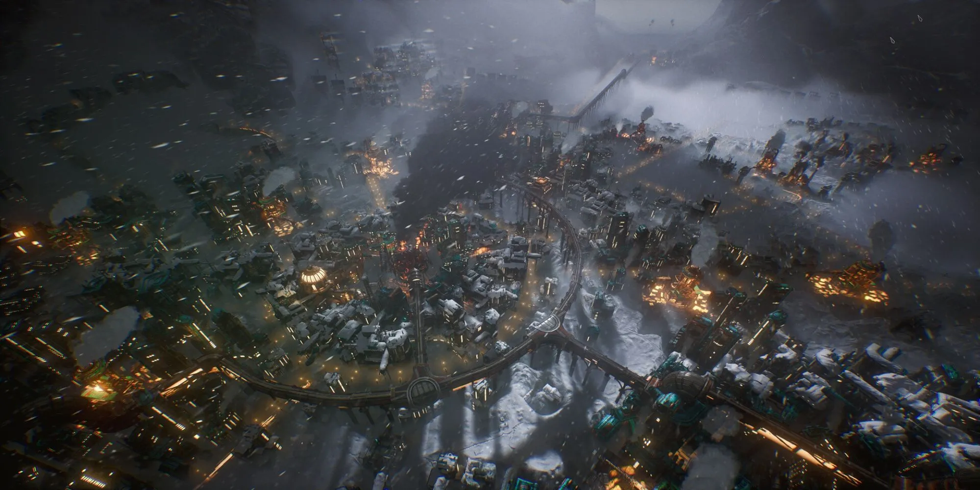 Giao diện quản lý thành phố Frostpunk 2 trong bối cảnh mùa đông vĩnh cửu, thể hiện quy mô và chiều sâu gameplay.