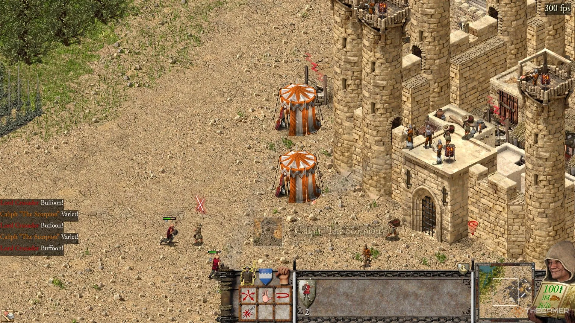 Hai lều trại công thành được dựng bên ngoài lâu đài kiên cố trong Stronghold Crusader Definitive Edition.