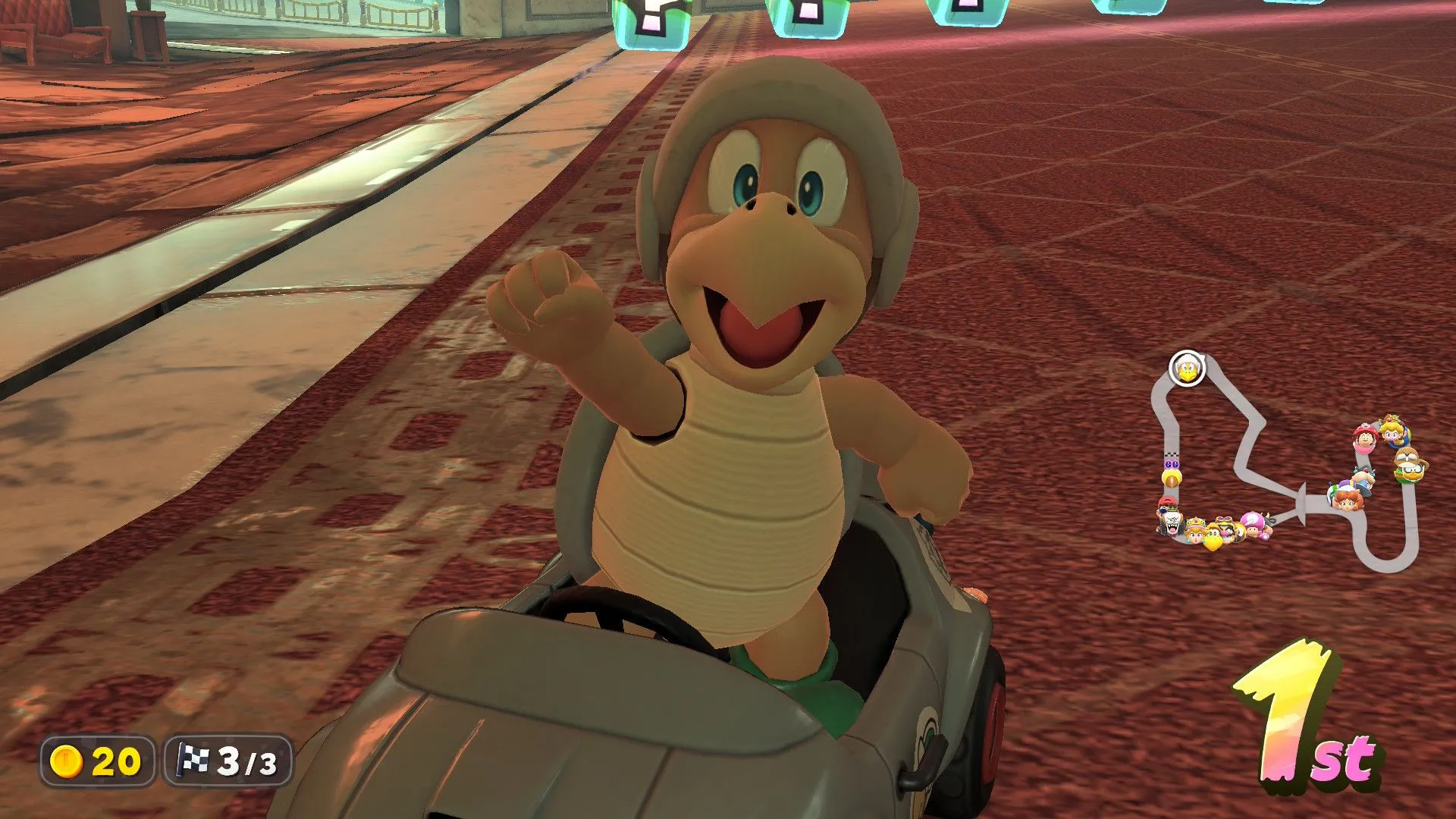 Hammer Bro lái xe kart trên đường ray trong Mario Kart World, thể hiện tính năng grinding mới