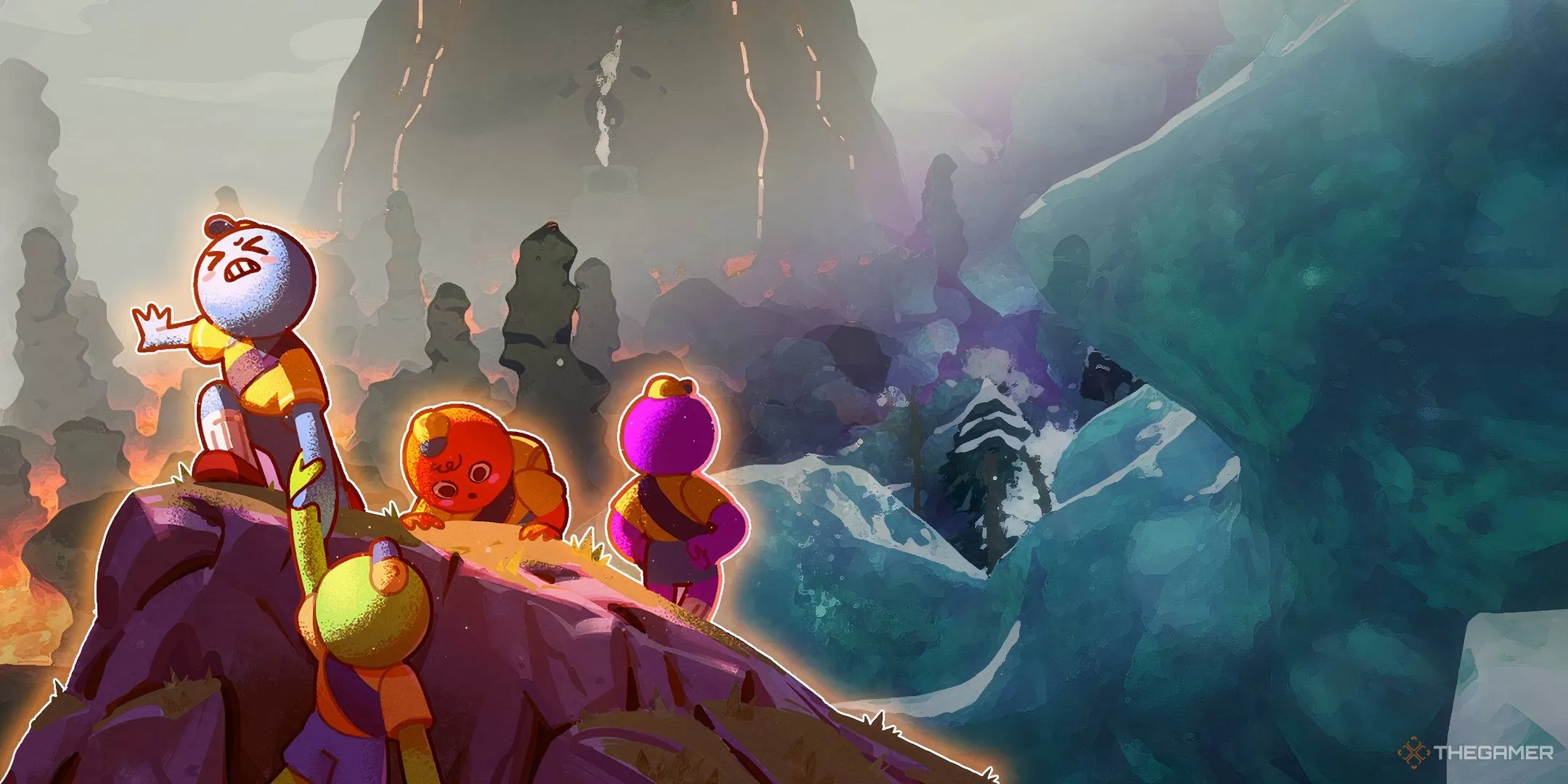 Hình ảnh chủ đạo của game Peak, thể hiện nhóm thám hiểm đang leo núi giữa khung cảnh giao thoa của vùng núi cao và miệng núi lửa.