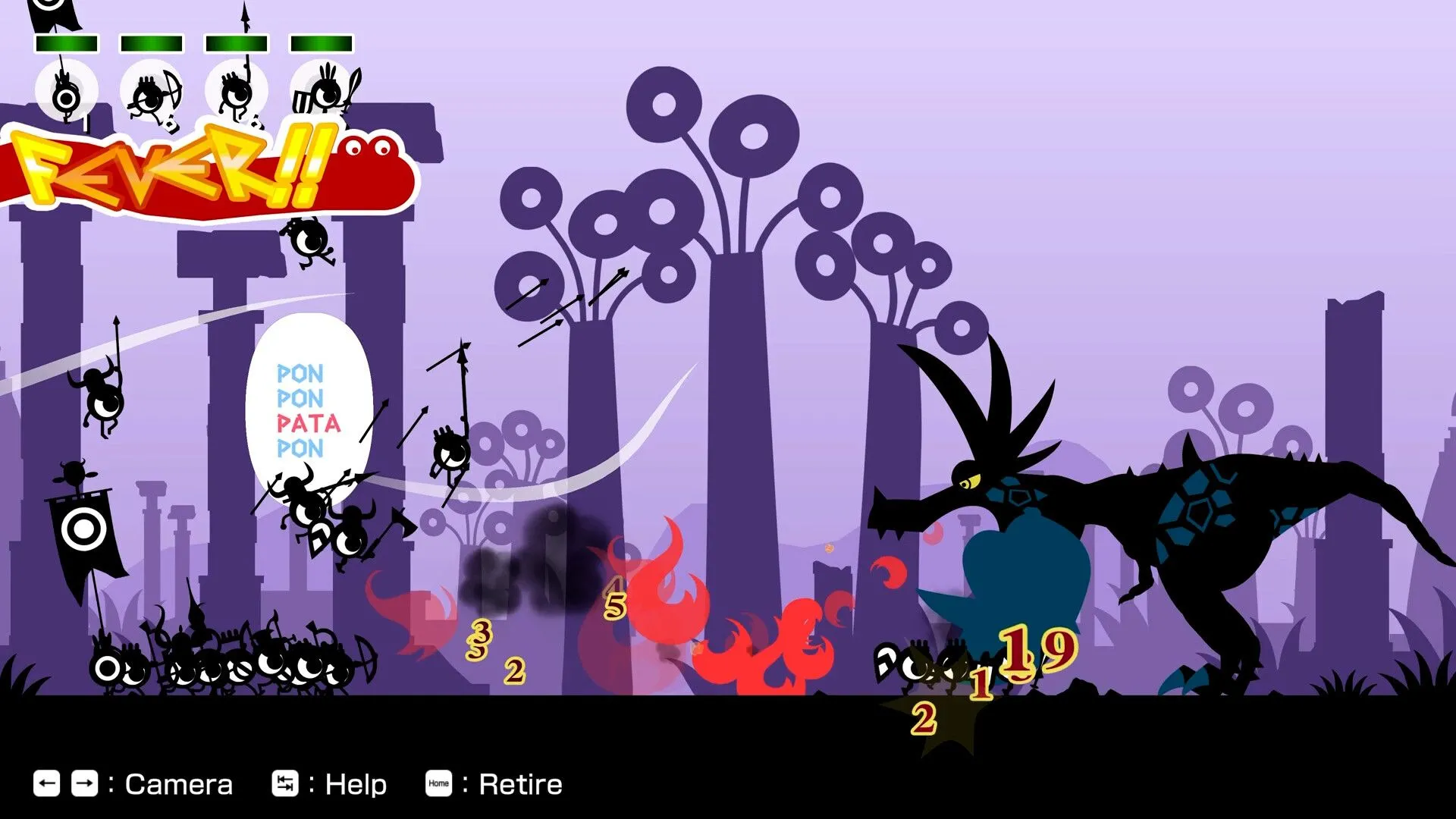 Hình ảnh gameplay điển hình của Patapon với các nhân vật ngộ nghĩnh và nhịp điệu Pata Pata Pata Pon