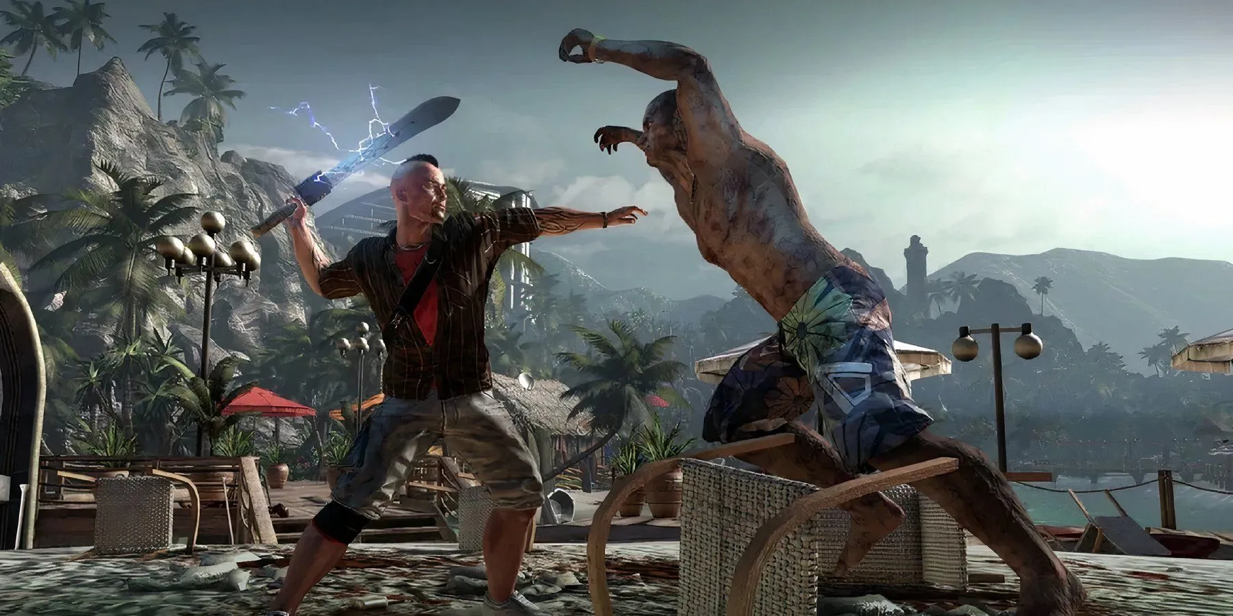 Hình ảnh một người sống sót dùng mã tấu tiêu diệt zombie trong Dead Island 2, minh họa lối chơi hành động đặc trưng.