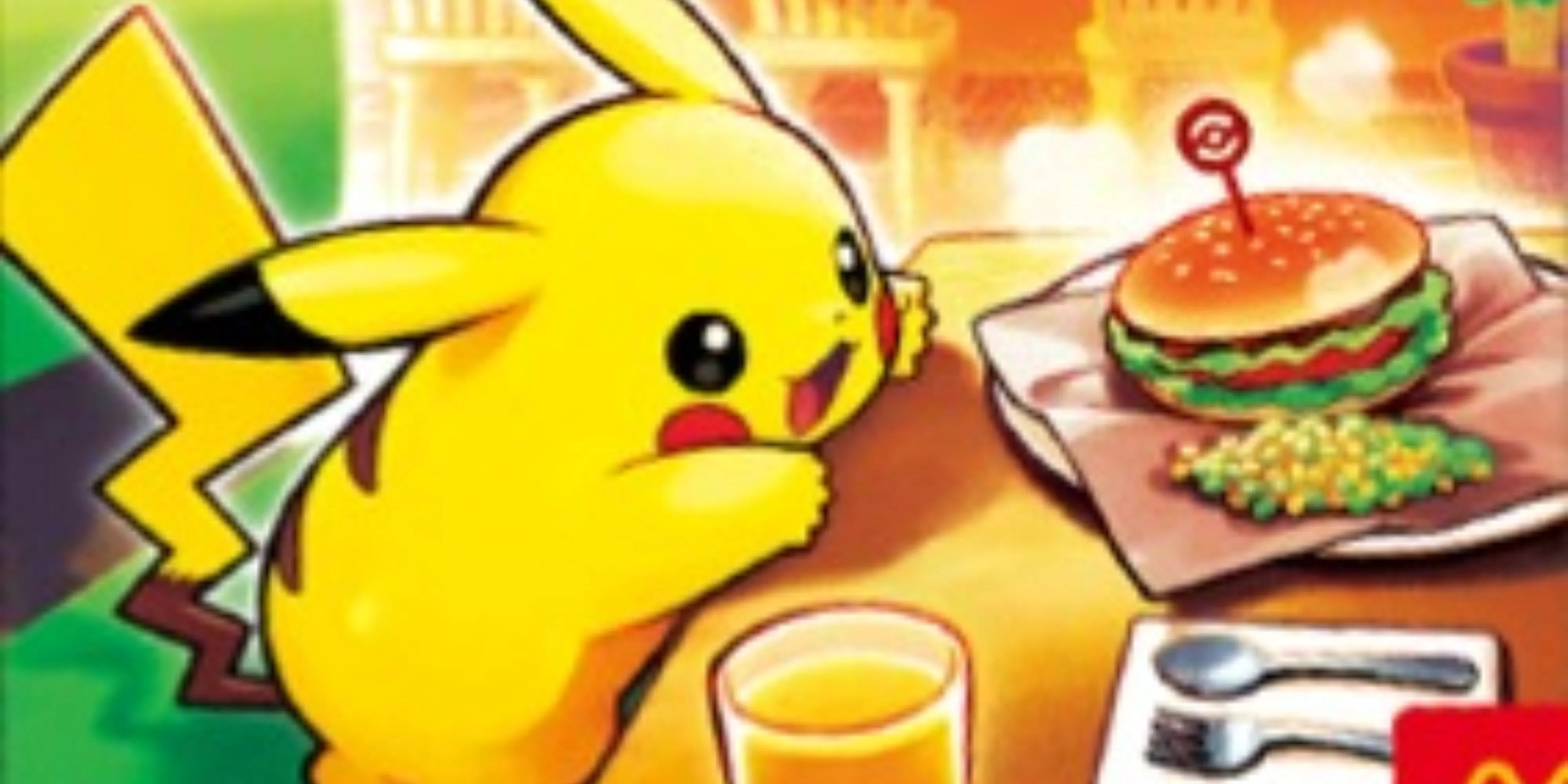 hình ảnh Pikachu đang cố gắng với lấy chiếc burger, artwork độc quyền trên card Pokemon TCG McDonald's Nhật Bản