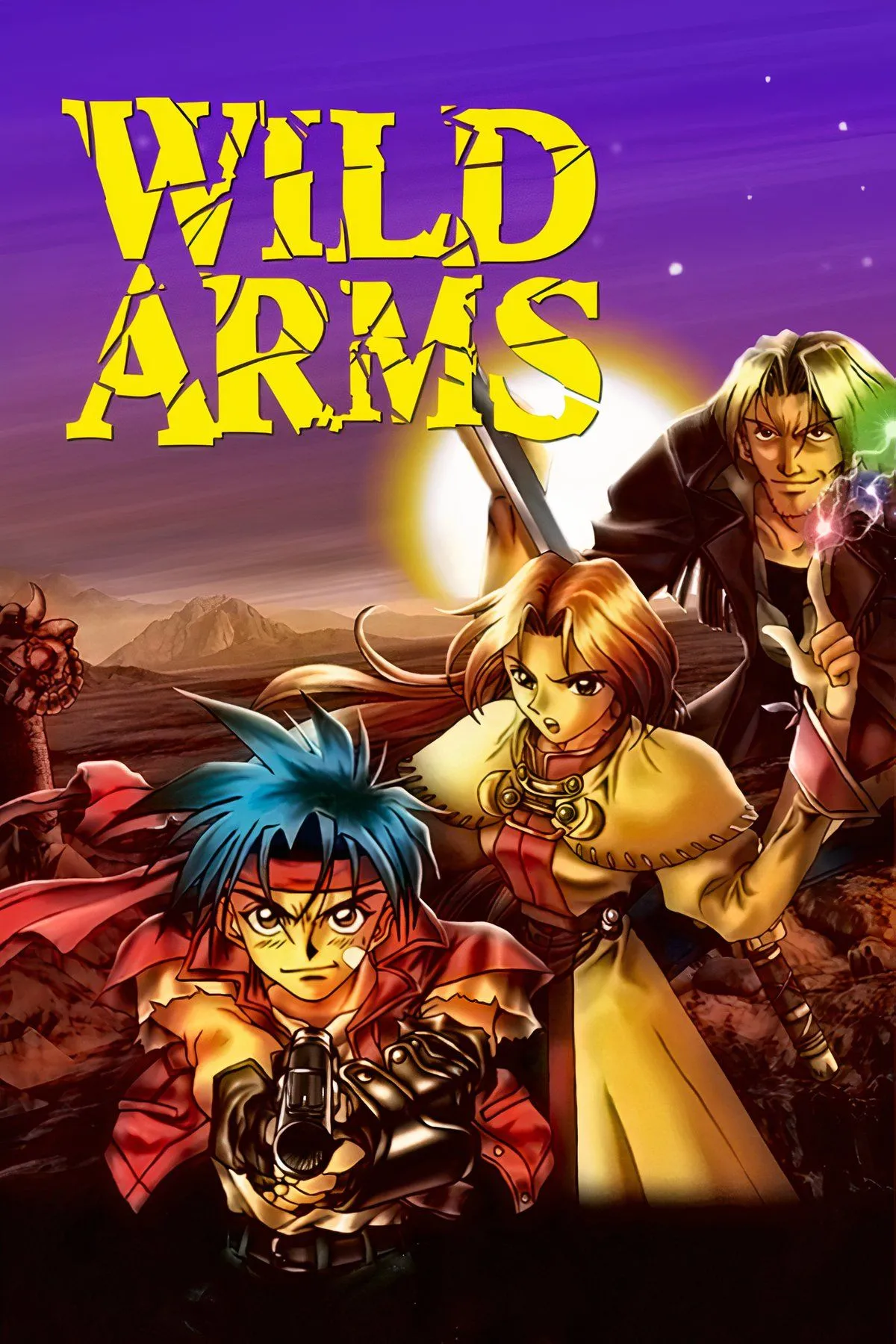 Hình ảnh tổng hợp các cảnh chiến đấu và khám phá trong Wild Arms, một JRPG pha trộn fantasy và western.