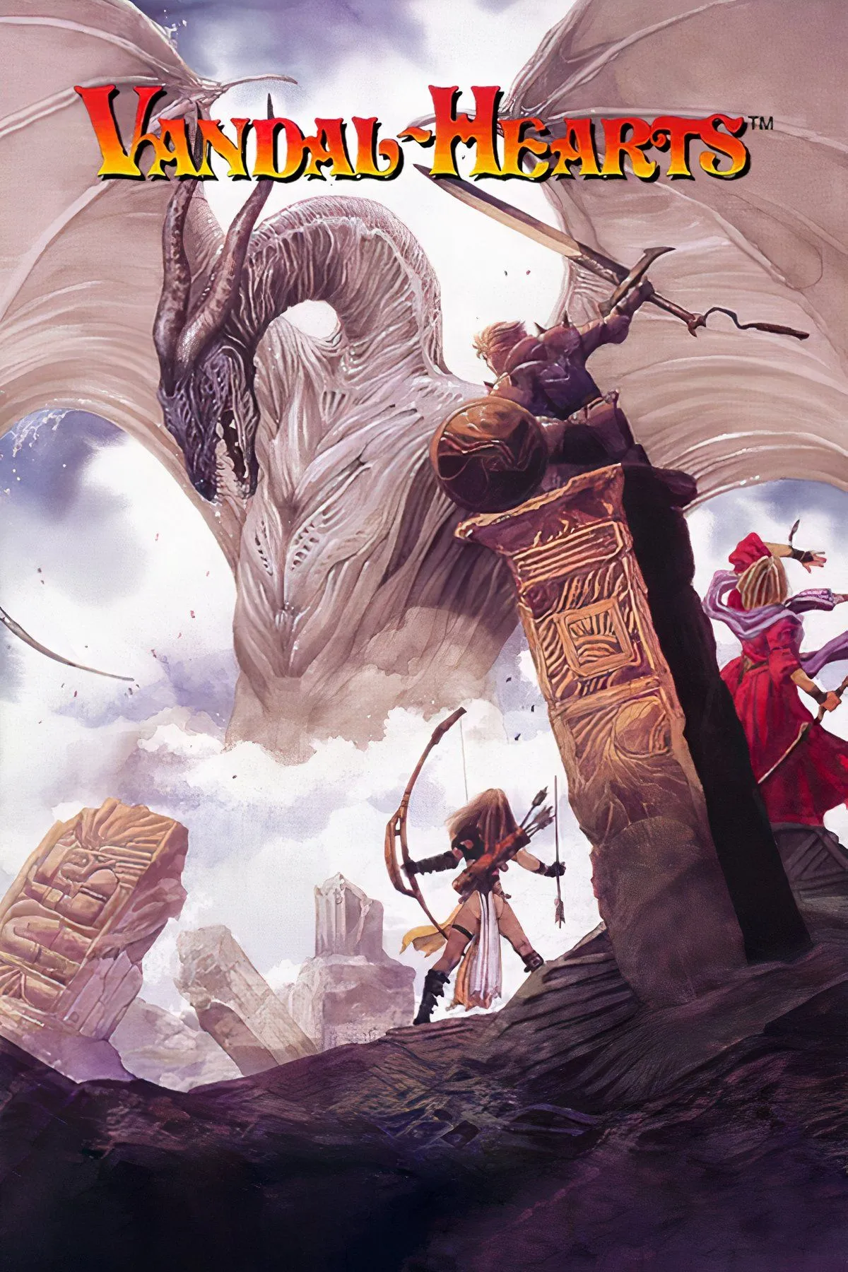 Hình ảnh tổng hợp các cảnh chiến đấu và nhân vật trong Vandal Hearts, một tựa game Tactical RPG kinh điển của Konami.