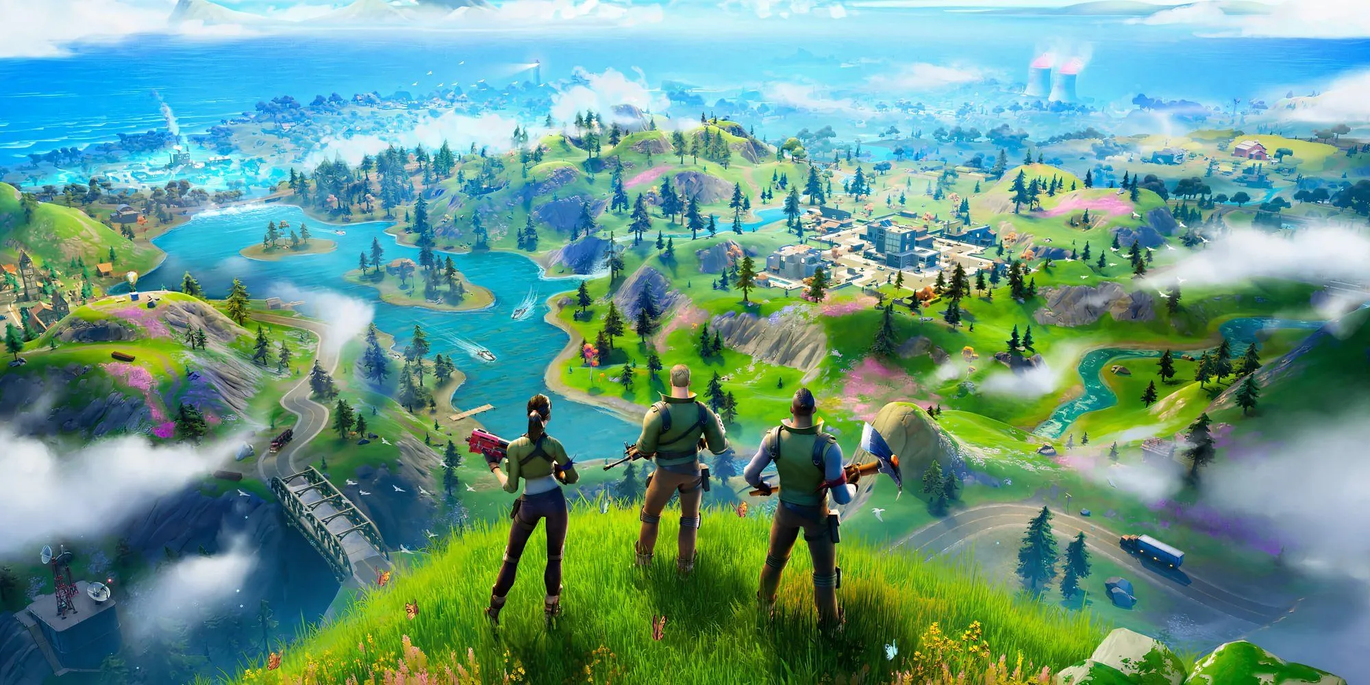 Hòn đảo Fortnite quen thuộc, nơi những trận Battle Royale diễn ra và The Pit là một biểu tượng.