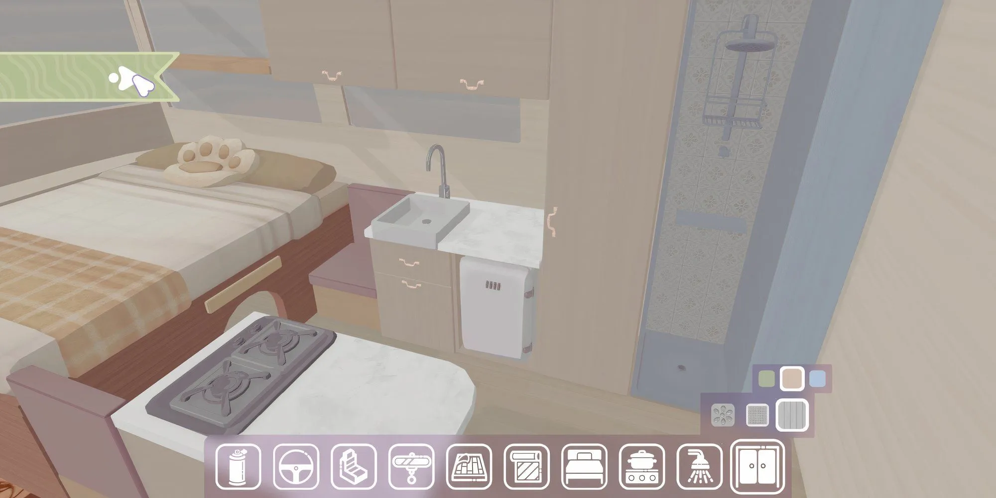 Kết thúc việc sắp xếp đồ đạc trong camper van trong game Camper Van Make it Home, thể hiện sự gọn gàng