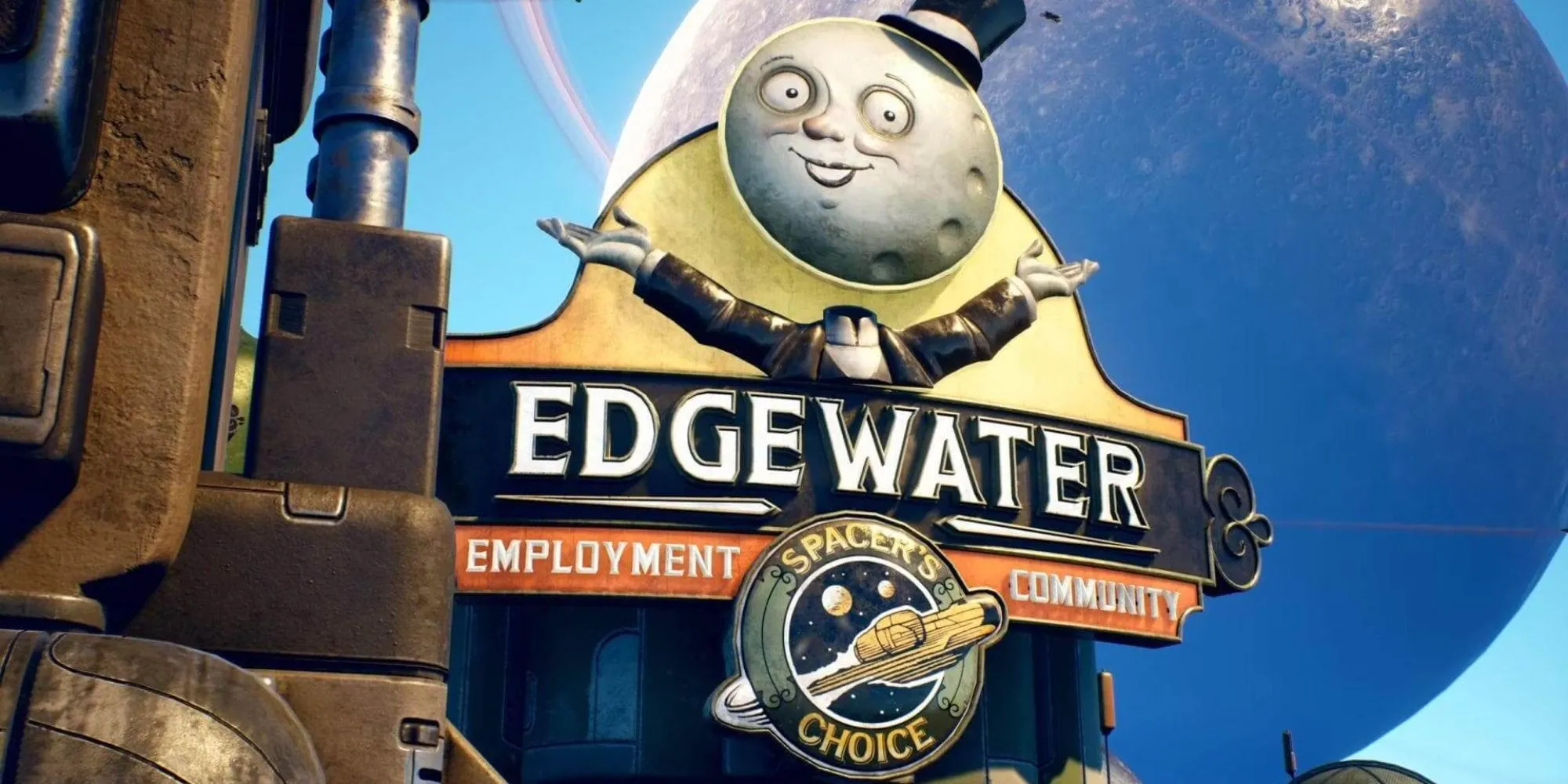 Khung cảnh thành phố Edgewater trong The Outer Worlds, thể hiện bối cảnh game RPG shooter của Obsidian.