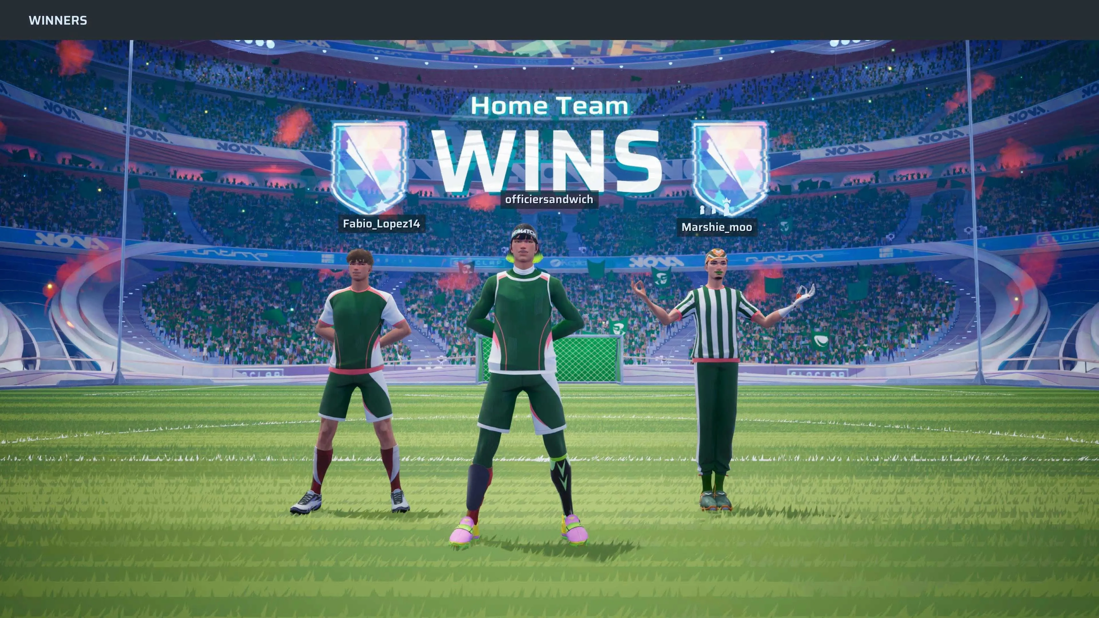 Màn hình chiến thắng sau trận đấu game Rematch, hiển thị kết quả và người chơi chiến thắng
