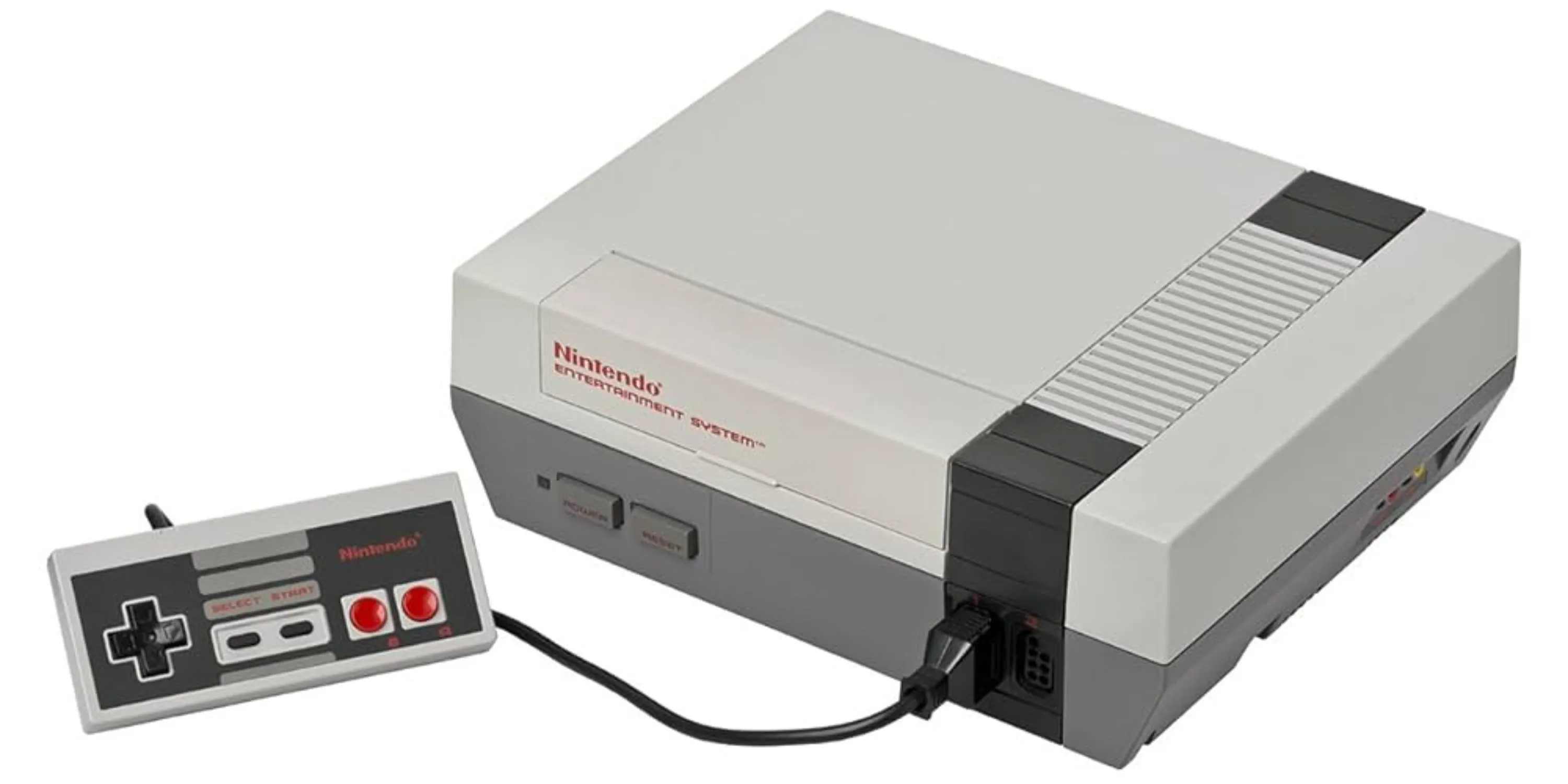 Máy chơi game NES với tay cầm, đại diện cho hệ máy kinh điển trong thế giới game retro.
