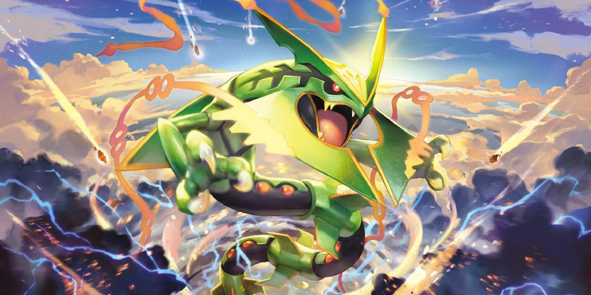 Mega Rayquaza đang bay lên, biểu tượng của sức mạnh Mega Evolution tối thượng trong thế giới Pokémon.
