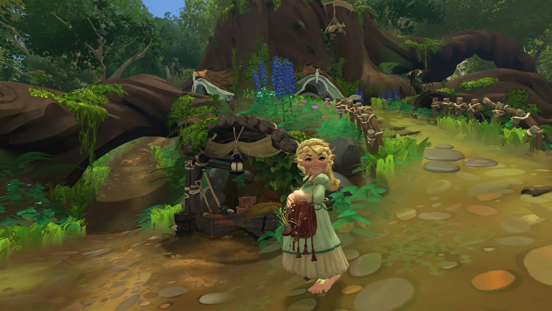 Một Hobbit đang thực hiện hoạt động câu cá, tính năng gameplay cốt lõi trong Tales of the Shire.