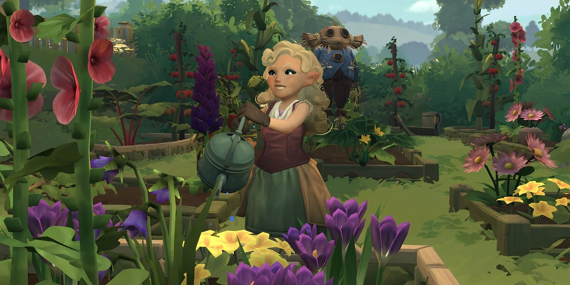 Một Hobbit đang trồng trọt trong khung cảnh yên bình của Tales of the Shire, thể hiện yếu tố mô phỏng đời sống của game.