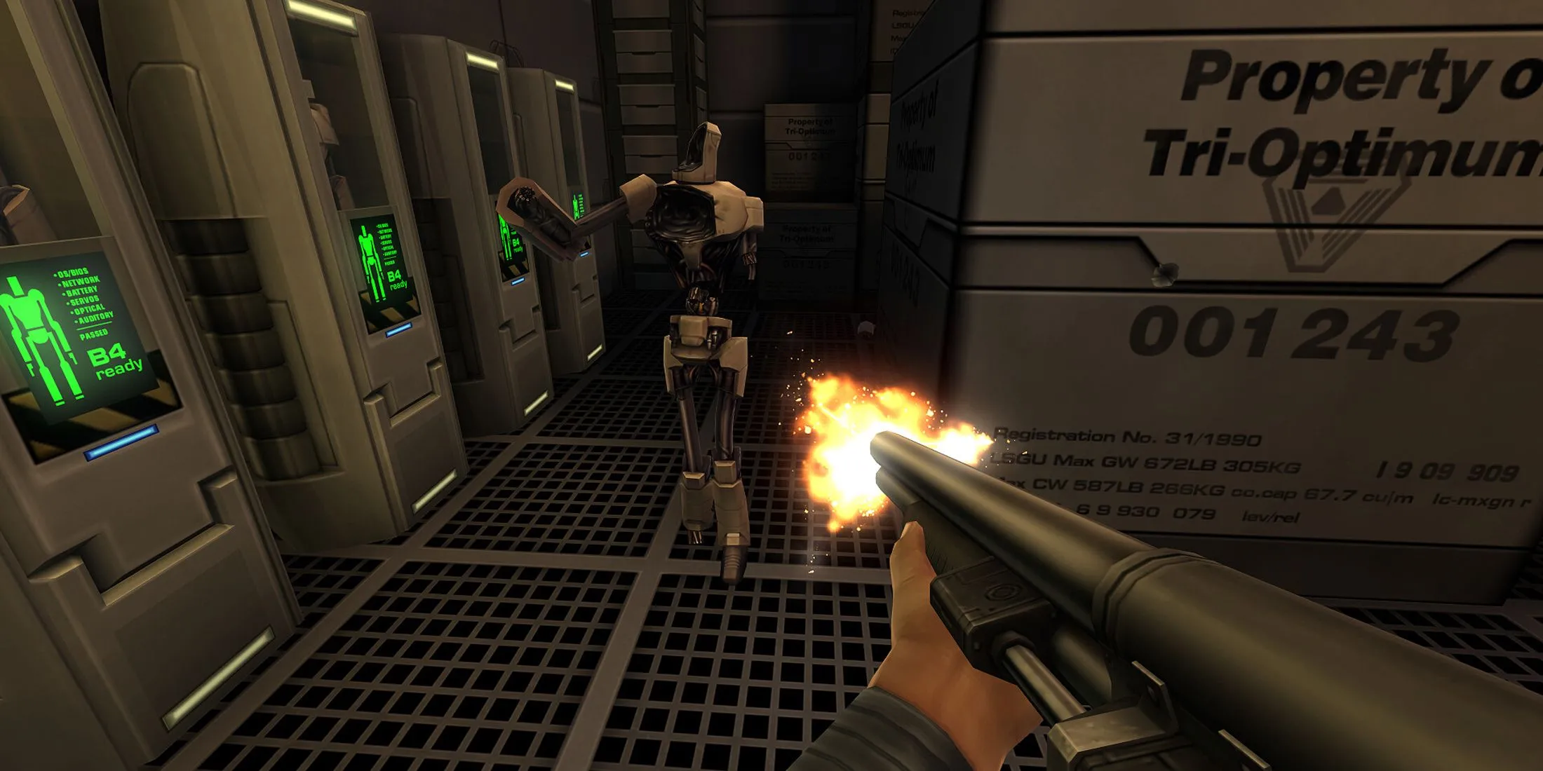 Nhân vật dùng shotgun trong System Shock 2 Remaster