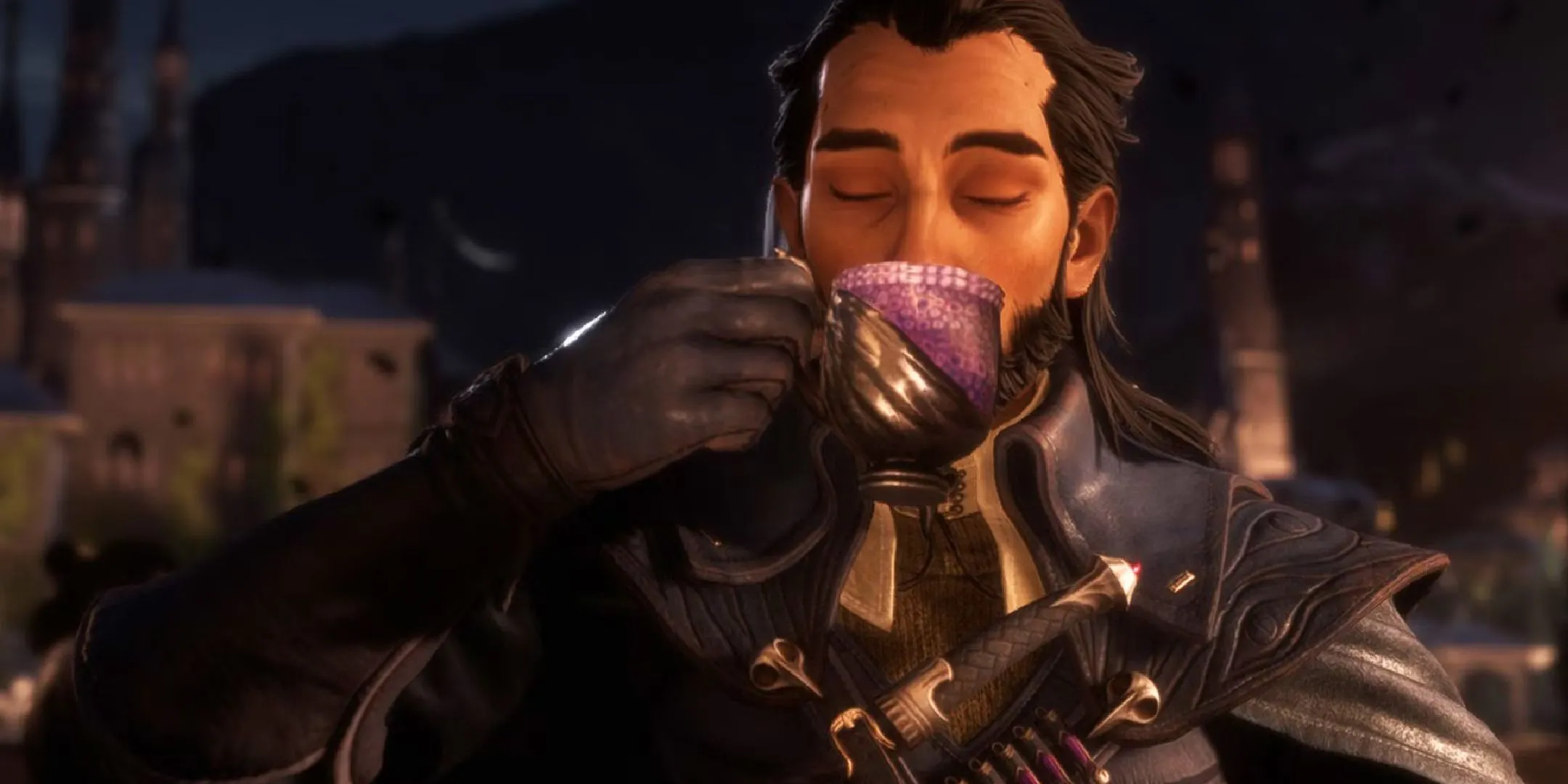 Nhân vật Lucanis trong Dragon Age: The Veilguard đang nhâm nhi tách cà phê, liên tưởng đến máy pha cà phê gaming.