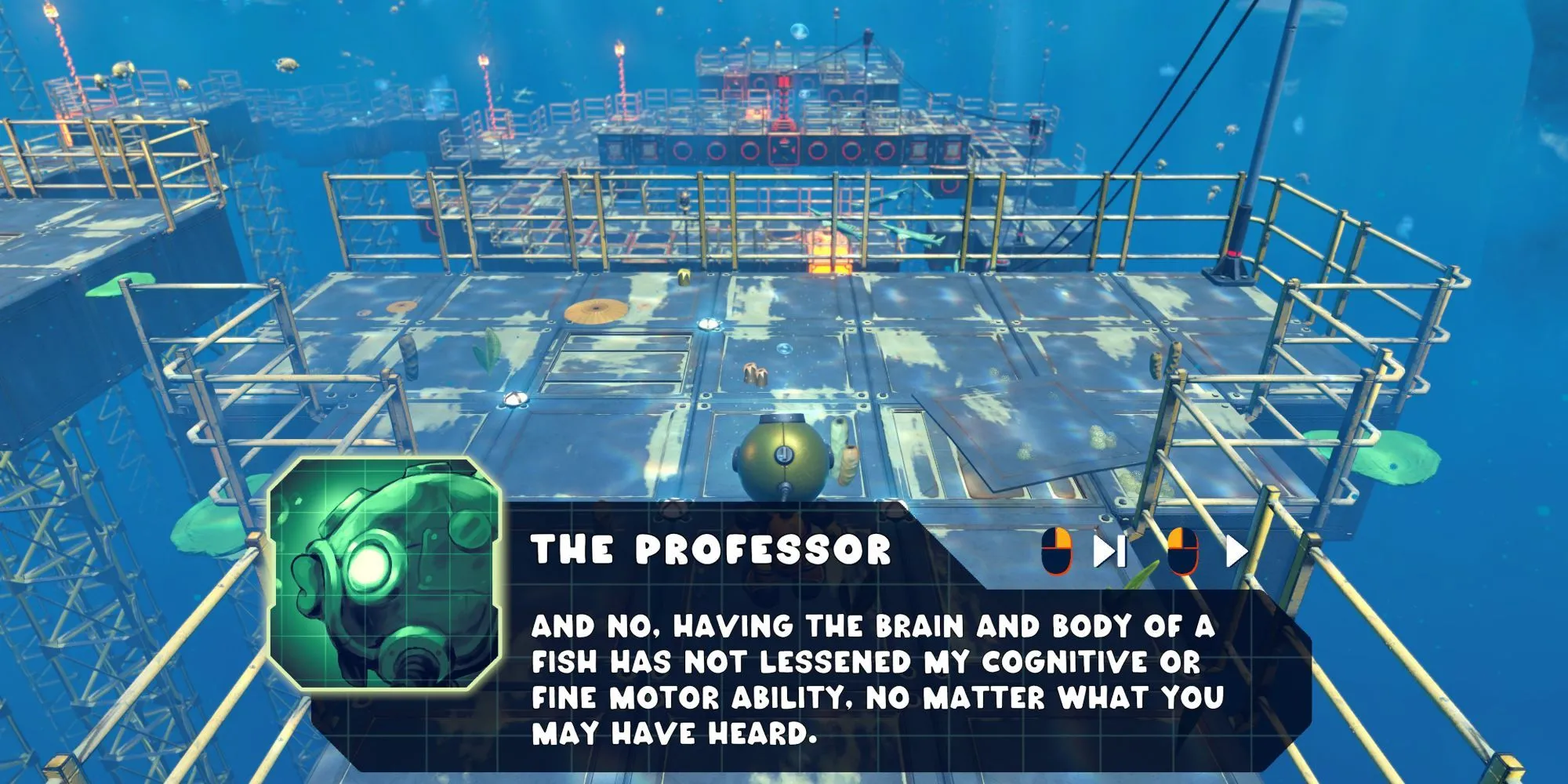 Nhân vật The Professor trong lốt cá đang đối thoại trong game Power Sink