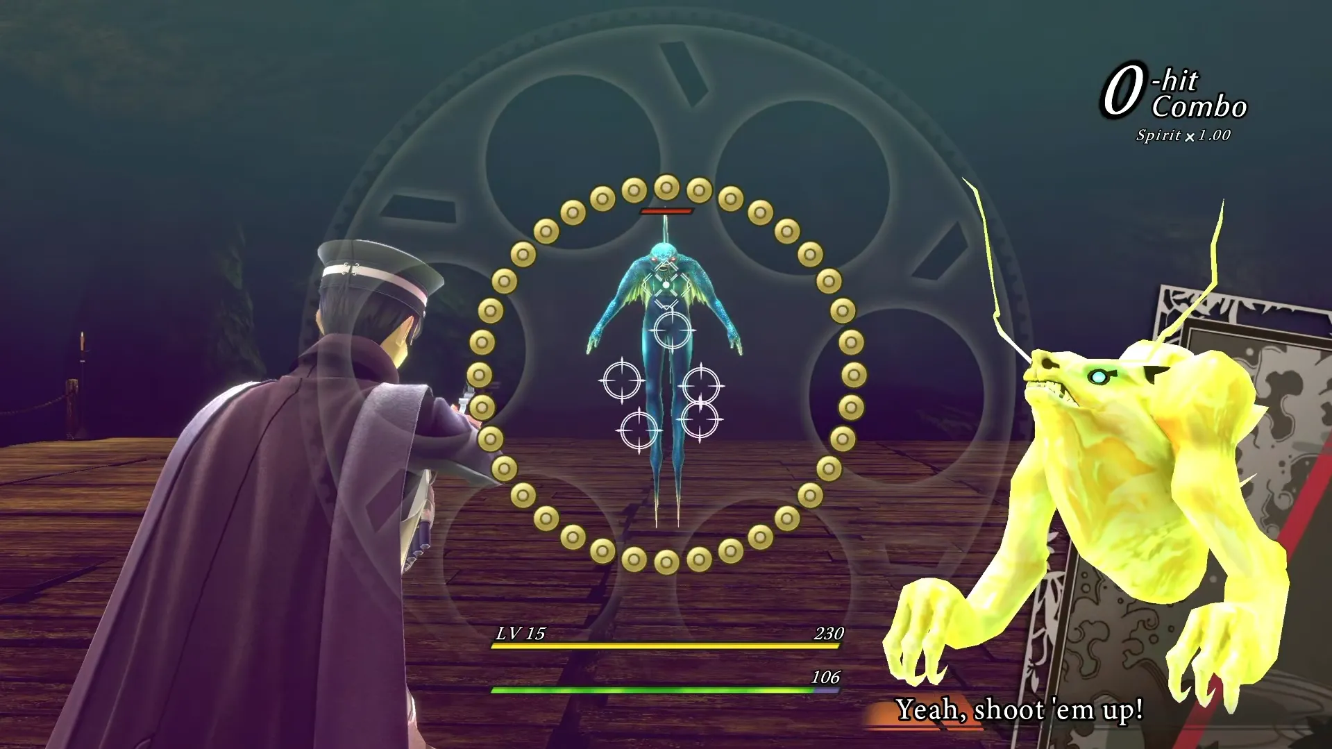 Raidou sử dụng súng trong chiến đấu để làm chậm ác quỷ bay trong RAIDOU Remastered