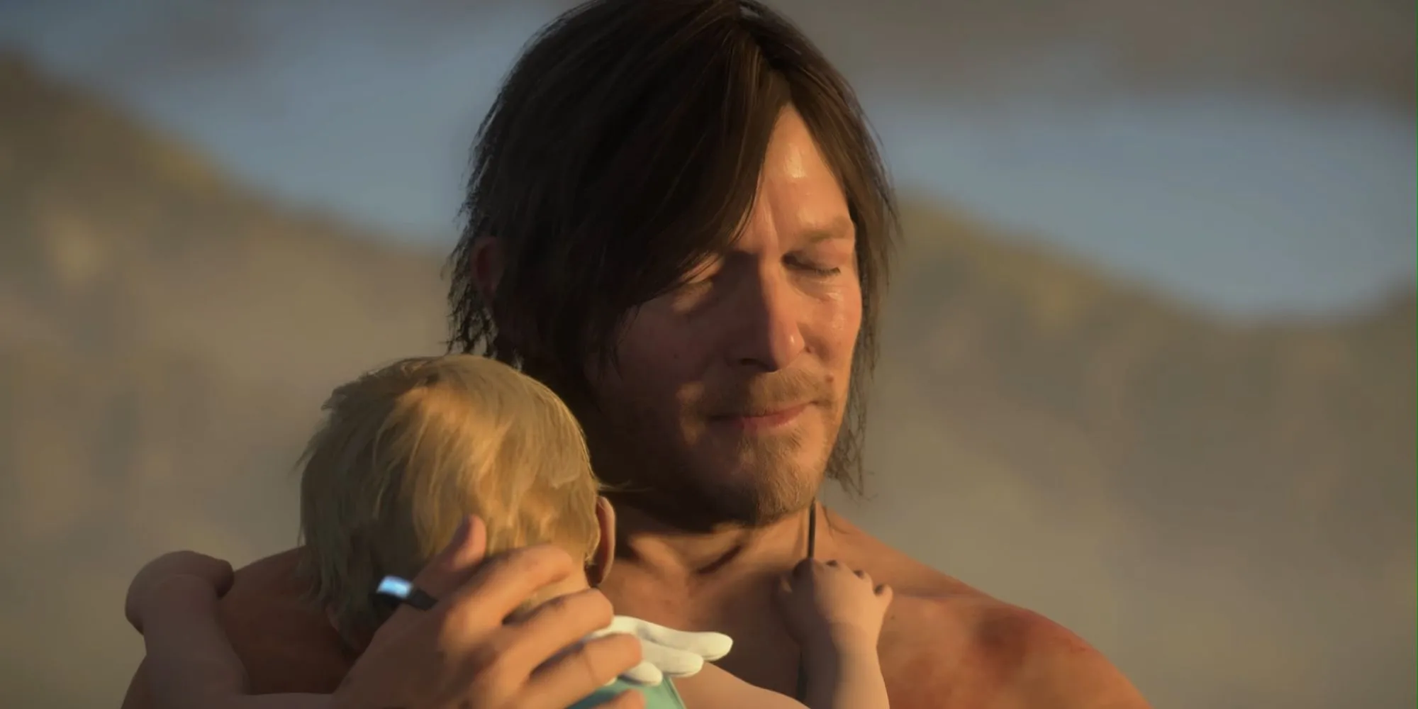 Sam Bridges đang mang vác hàng hóa trên lưng, đi qua địa hình hiểm trở của Death Stranding 2.