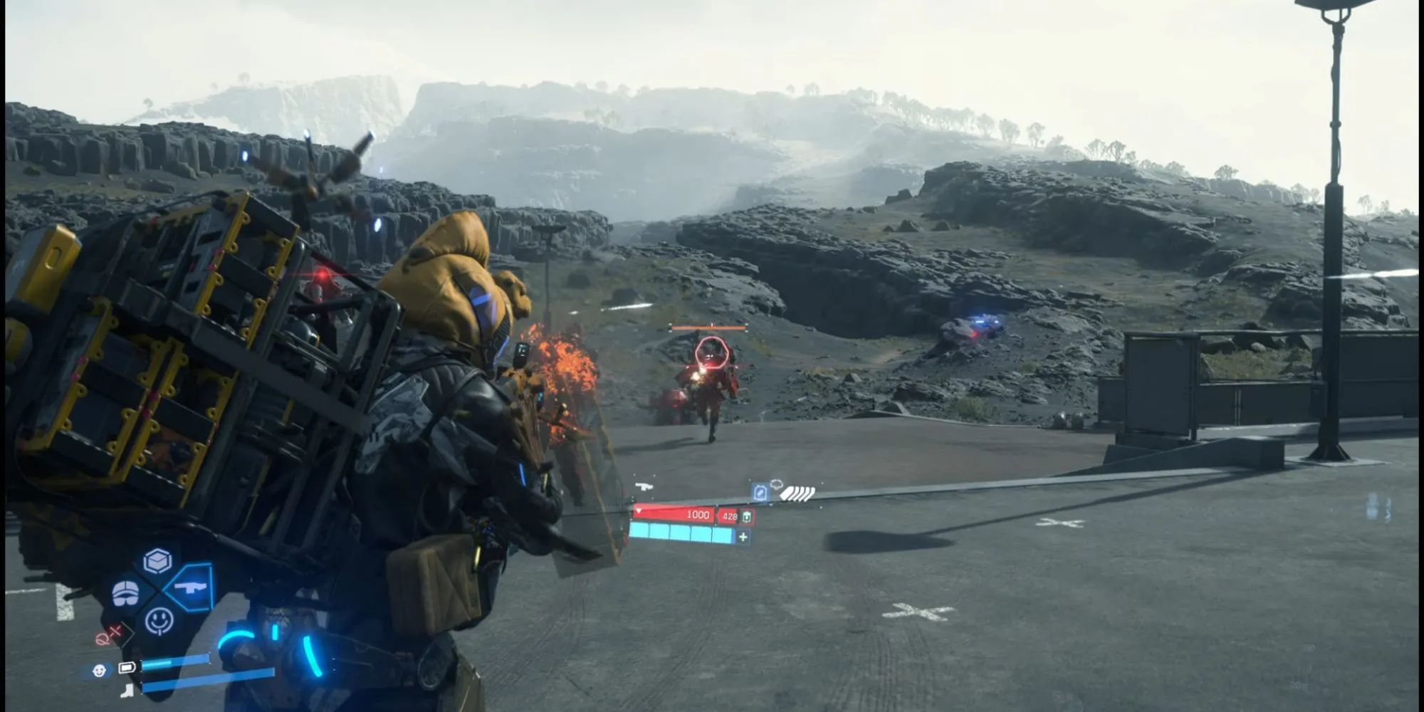Sam Bridges sử dụng vũ khí gây choáng trong Death Stranding 2, minh họa khả năng tiếp cận phi sát thương.