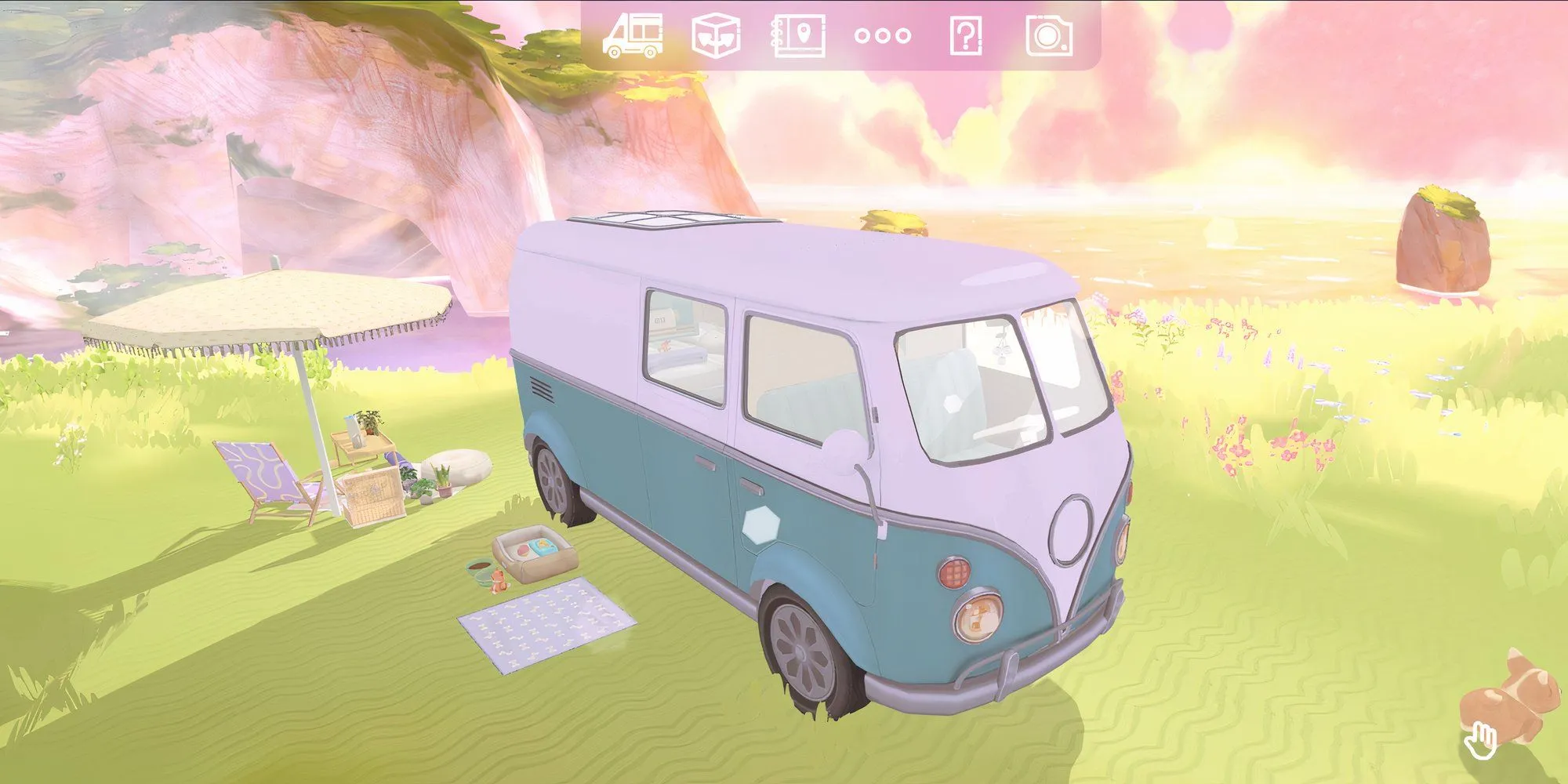 Sắp xếp nội thất xe camper van màu xanh bên vách núi trong game Camper Van Make it Home