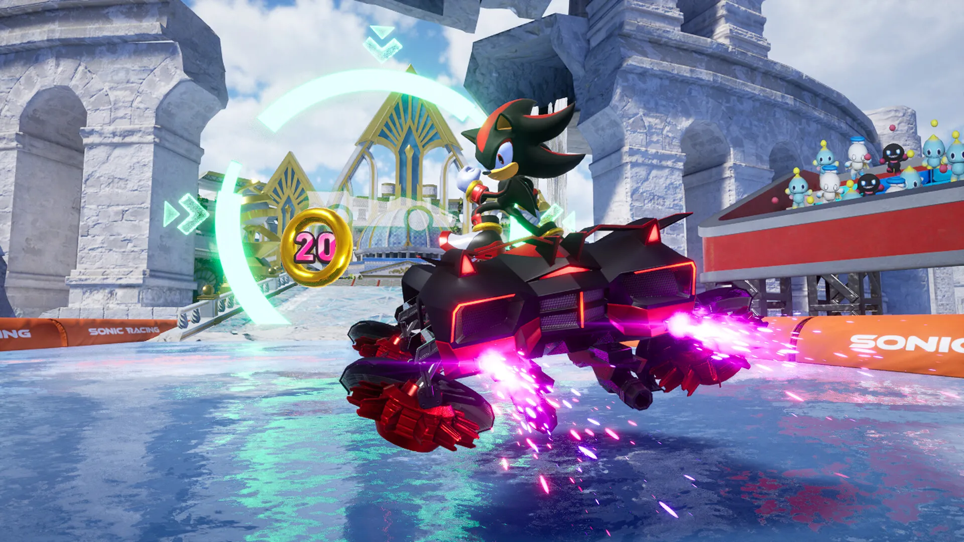 Shadow The Hedgehog tạo dáng đầy uy lực trong Sonic Racing: CrossWorlds, thể hiện đồ họa nhân vật chi tiết của tựa game đua xe.