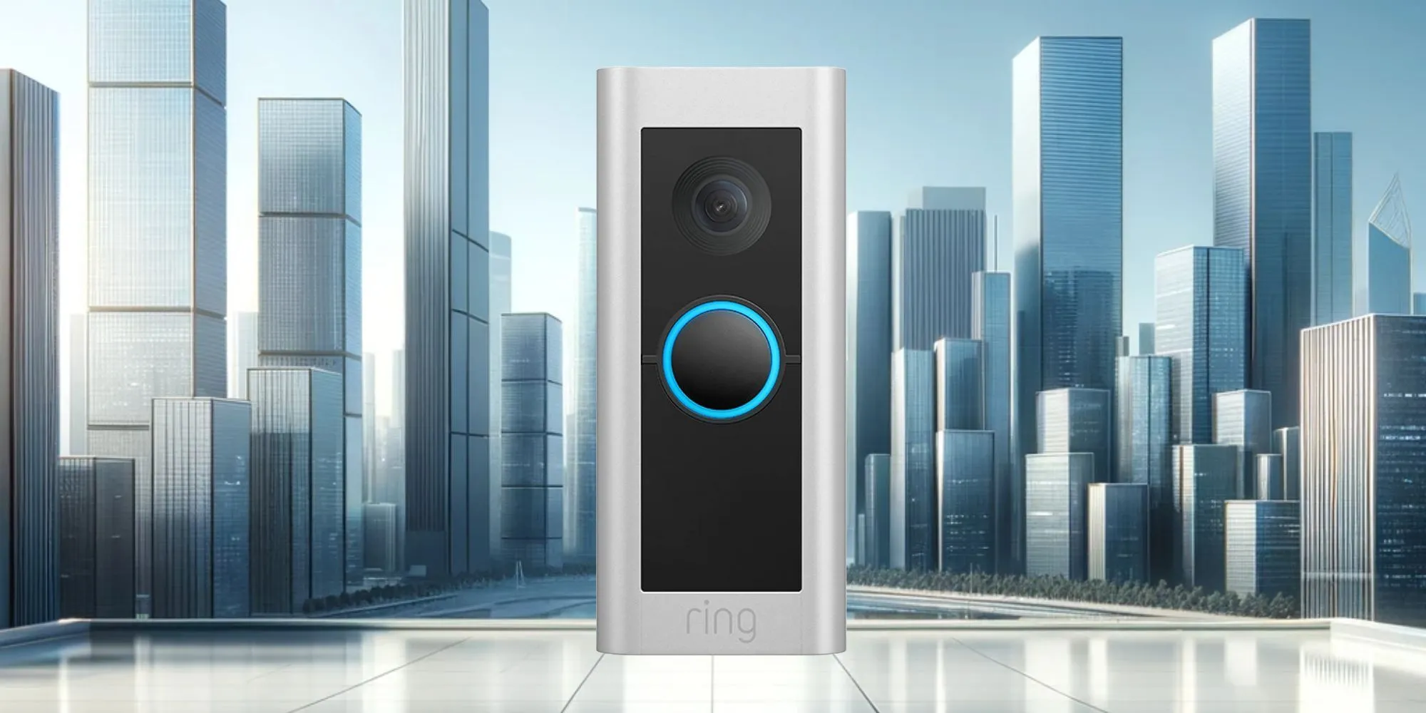Thiết bị chuông cửa thông minh Ring Video Doorbell Pro 2 trên nền phong cảnh thành phố.