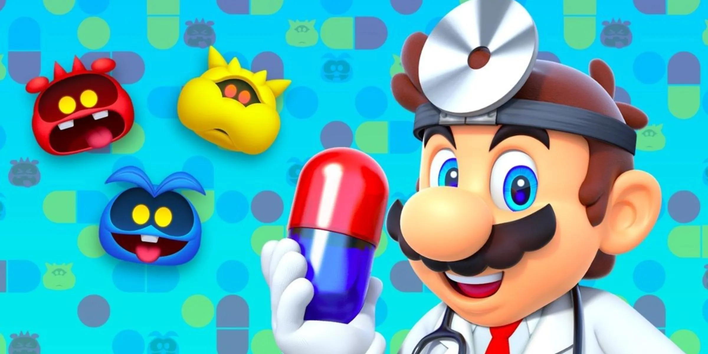 Tiến sĩ Mario cầm một viên Mega Vitamin cùng ba virus từ game Dr. Mario World, biểu tượng của thuốc chống trầm cảm gamer.