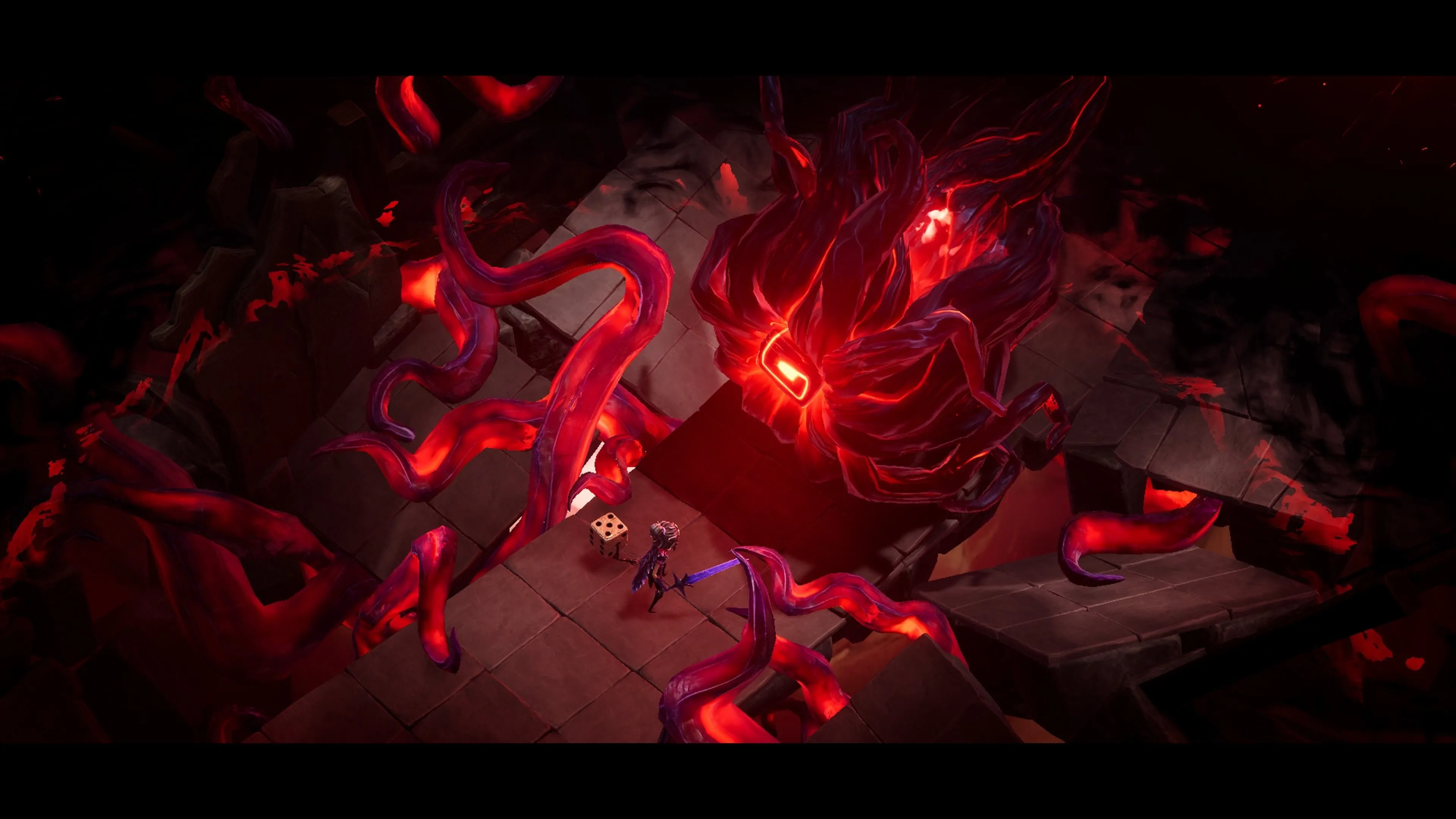 Trận đấu boss trong Lost in Random The Eternal Die, một thử thách của thể loại Roguelike