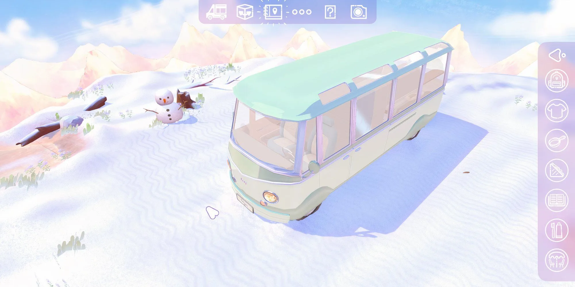 Xe camper van trên đỉnh núi trong game Camper Van Make it Home, thể hiện khung cảnh thiên nhiên thư thái