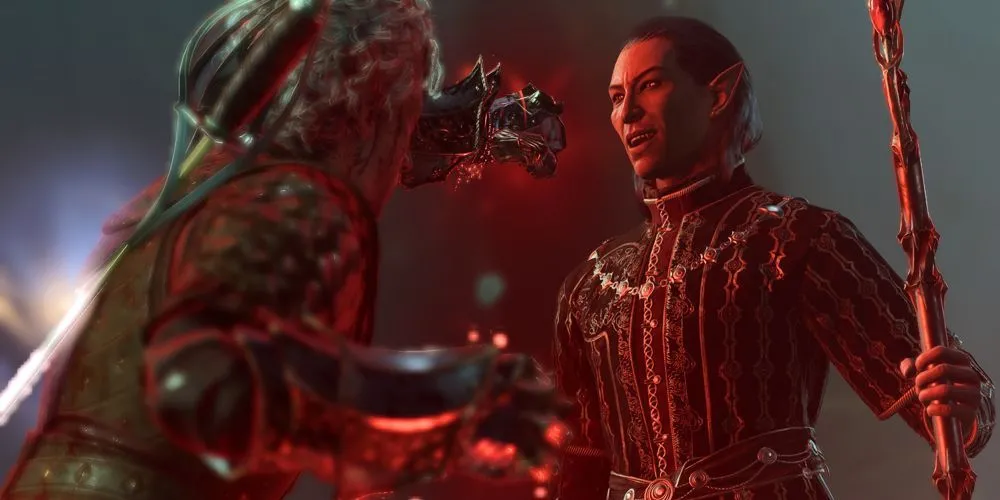 Astarion và đồng đội đối mặt với Cazador Szarr trong cung điện của hắn ở Baldur's Gate 3