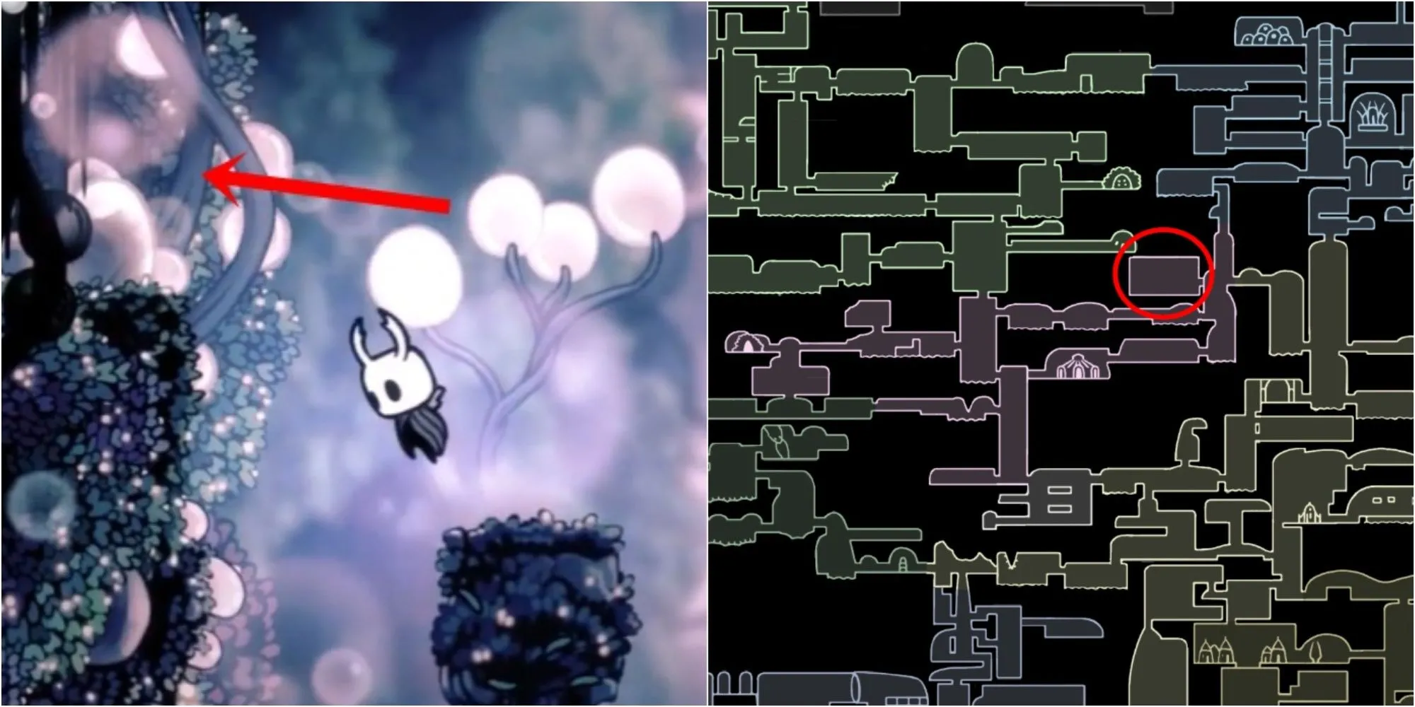 Bản đồ khu vực Fog Canyon trong Hollow Knight, đánh dấu vị trí Charm Notch ẩn sâu trong mê cung sương mù, cần Isma’s Tear.