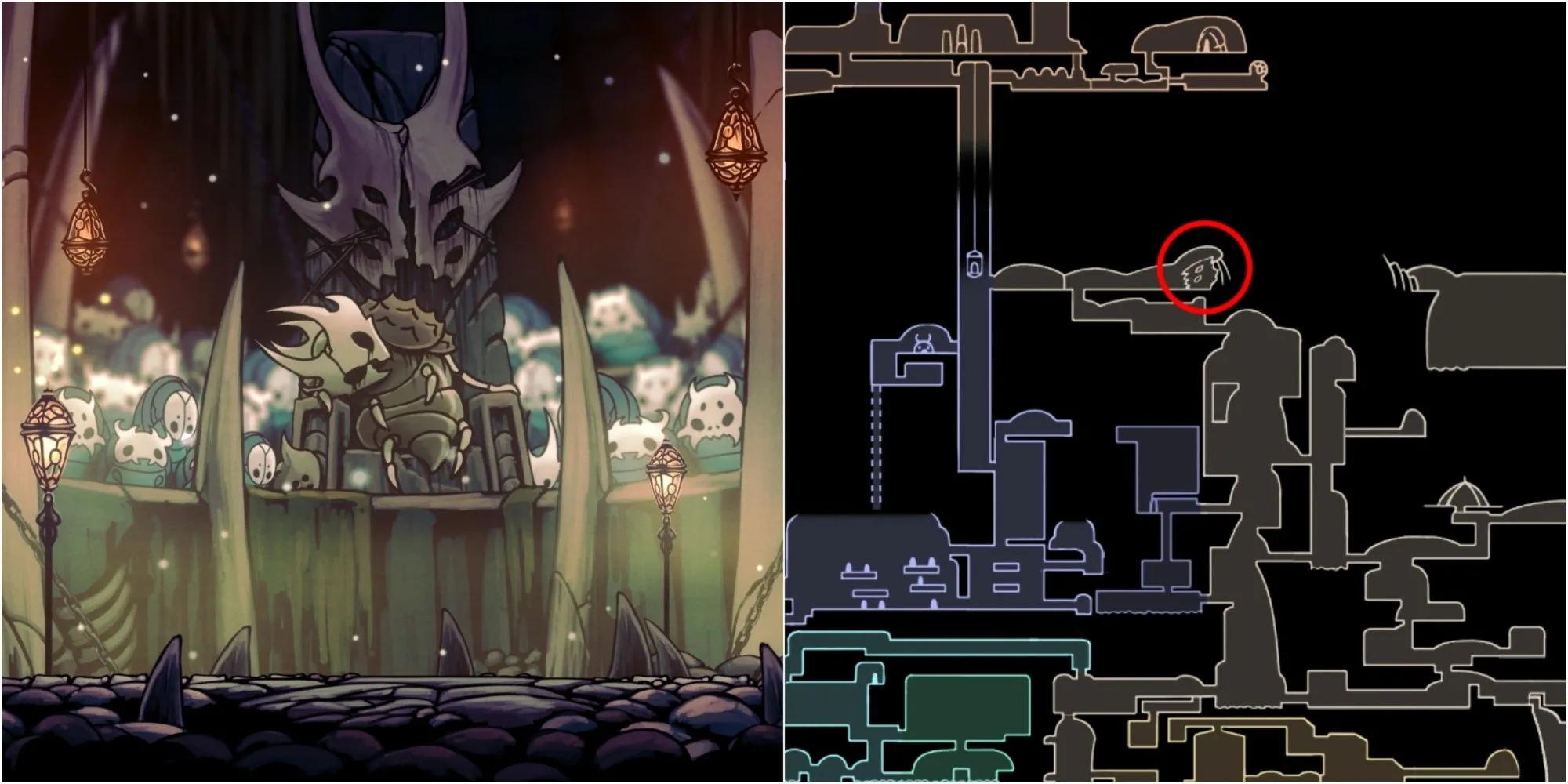 Bản đồ khu vực Kingdom’s Edge, chỉ đường đến Colosseum of Fools – nơi game thủ có thể kiếm thêm Charm Notch Hollow Knight.