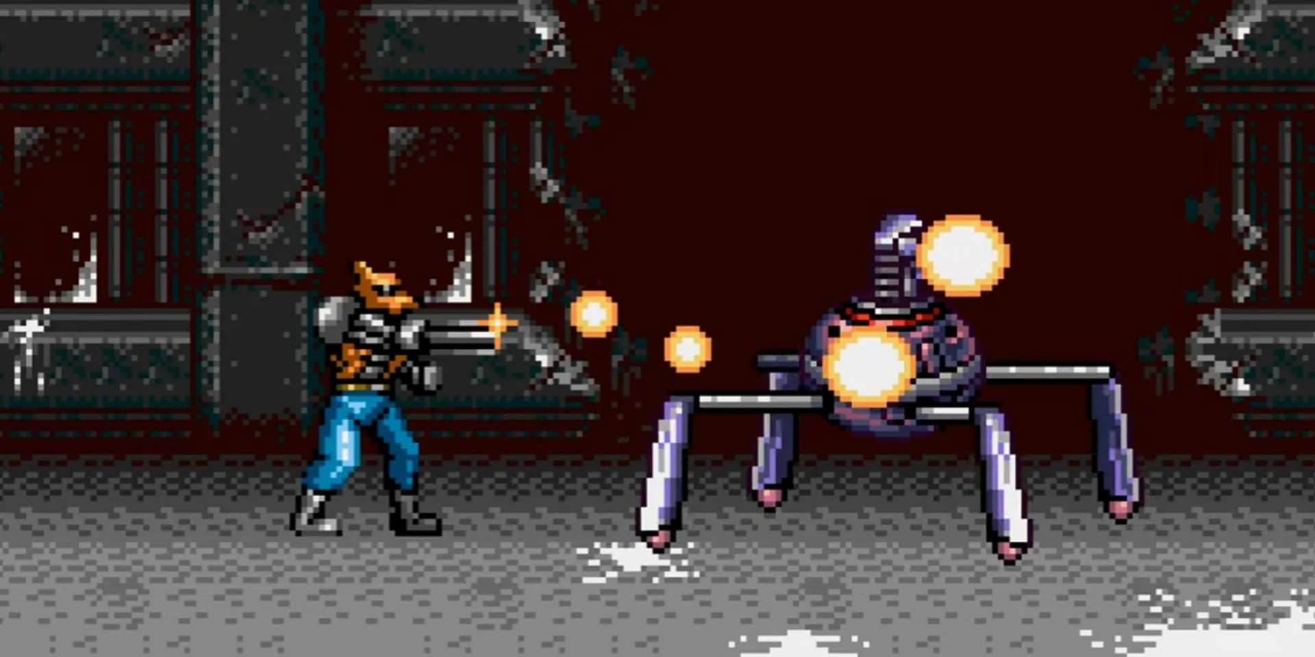 Brad Fang bắn robot trong game Contra Hard Corps của Konami
