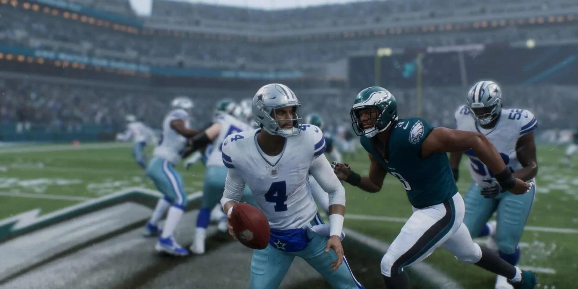 Cảnh cầu thủ phòng ngự dồn ép và quật ngã hậu vệ Dak Prescott trong một trận đấu Madden NFL 26, minh họa lối chơi thiếu chiến thuật