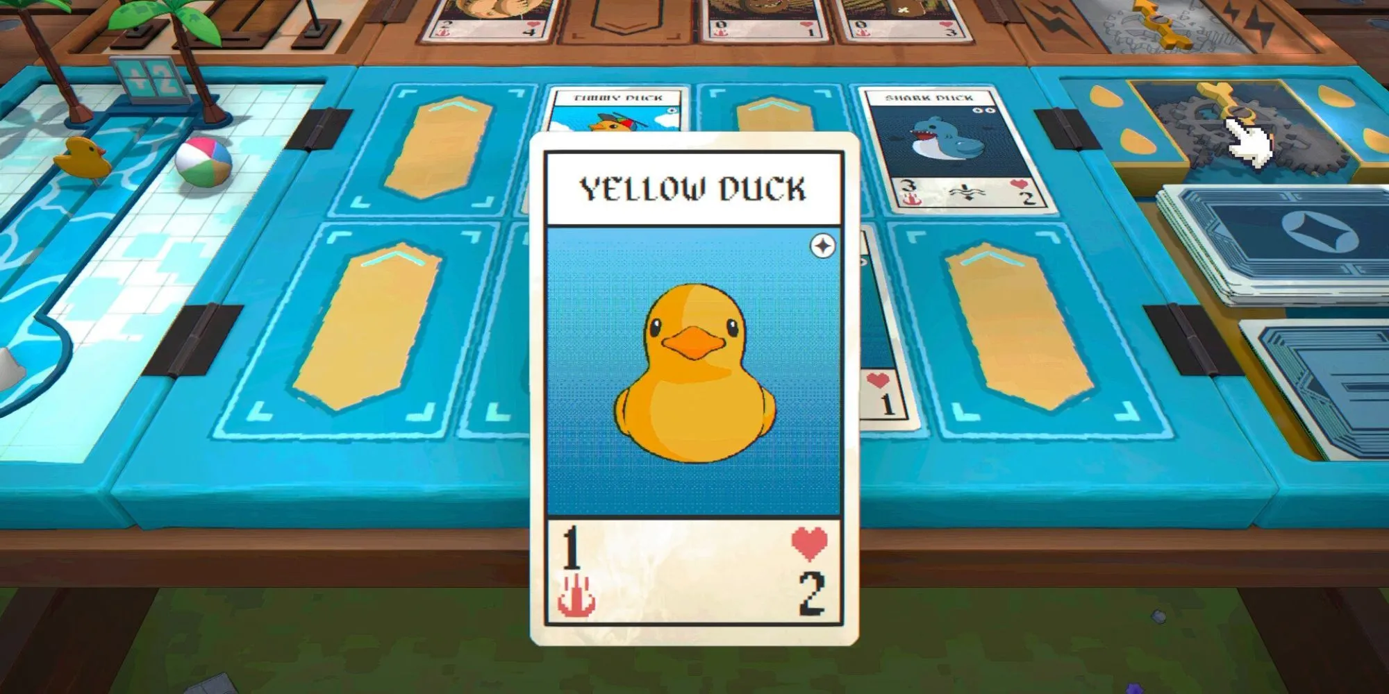 Cảnh chơi bài trong game Placid Plastic Deck - A Quiet Quest với vịt làm chủ đề