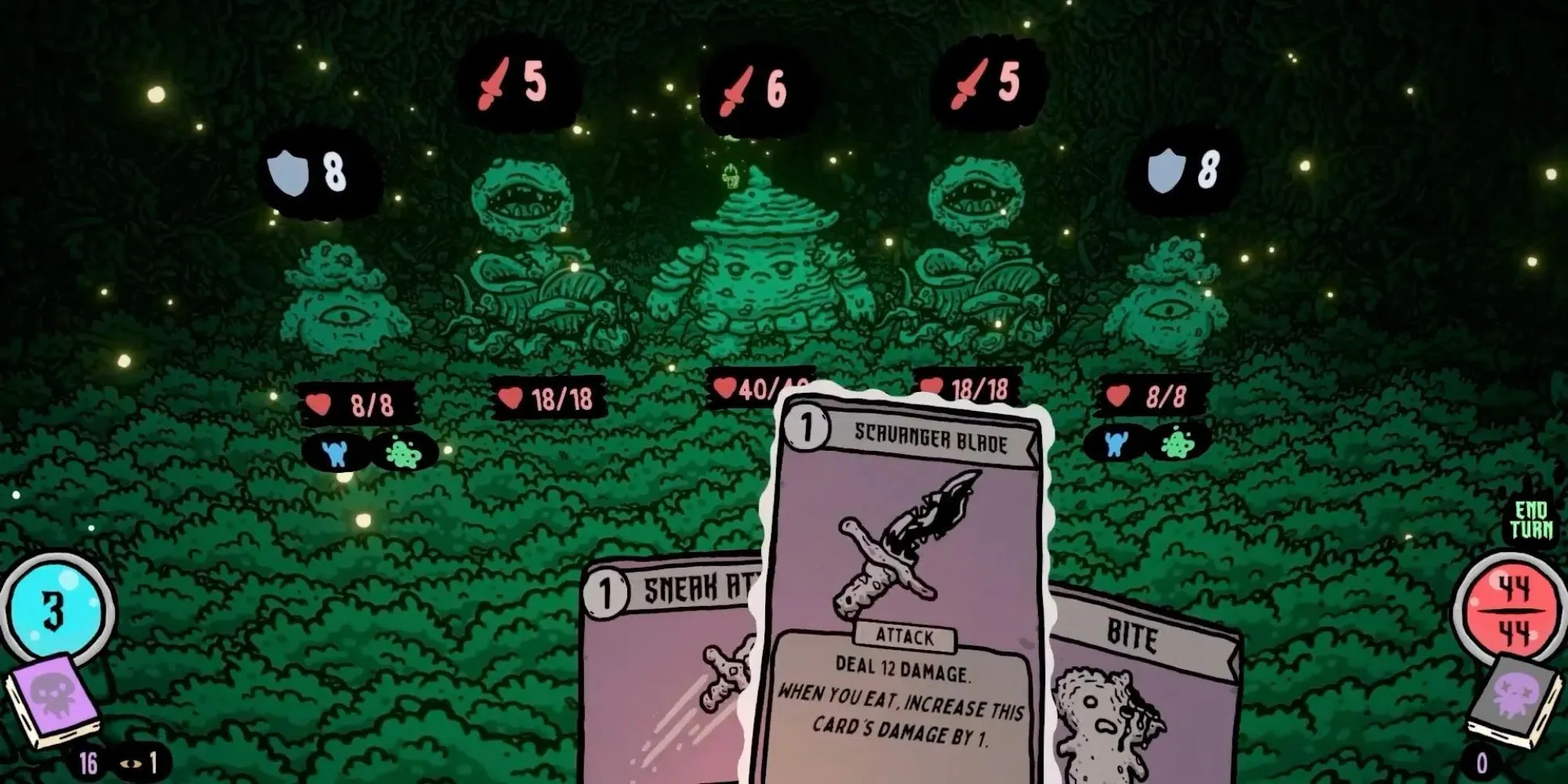 Cảnh gameplay của Shroom and Gloom với các lá bài và nấm làm kẻ thù