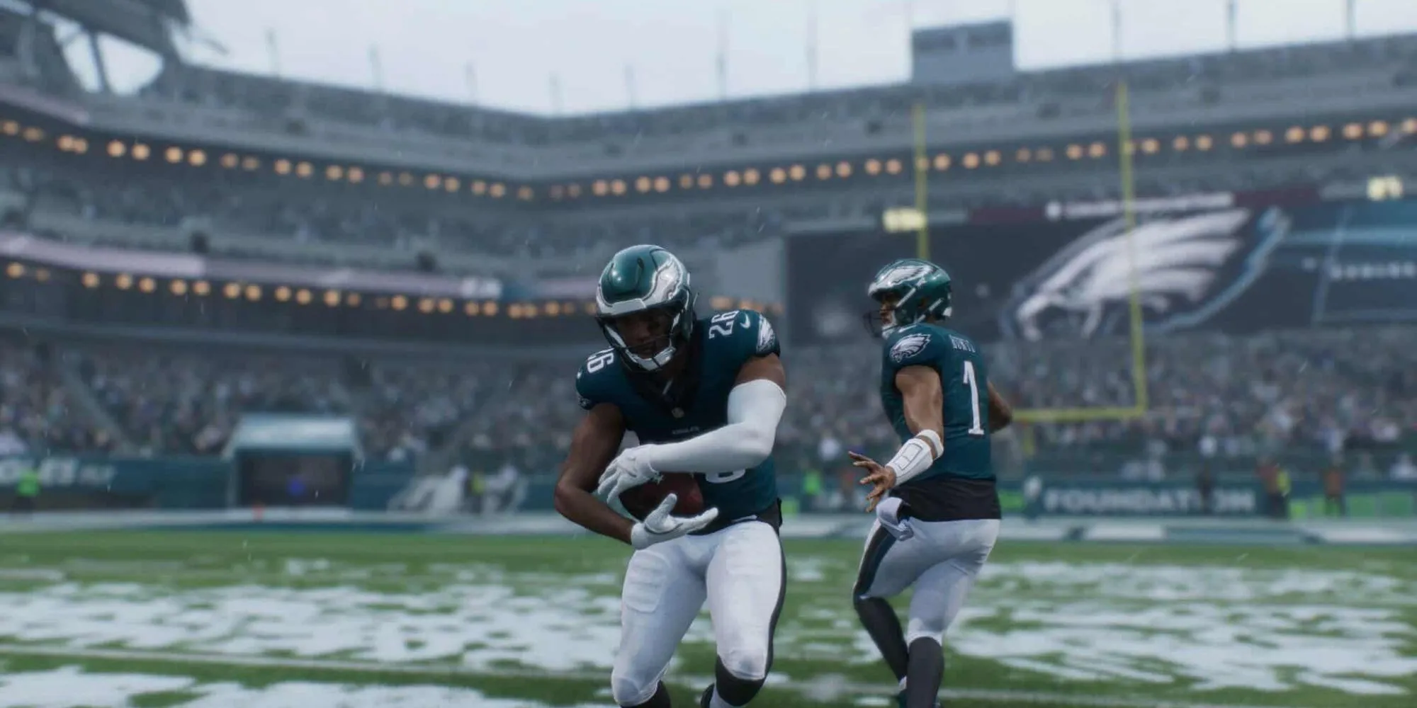 Đội Philadelphia Eagles trên sân đấu trong Madden NFL 26, thể hiện đồ họa trên Nintendo Switch 2