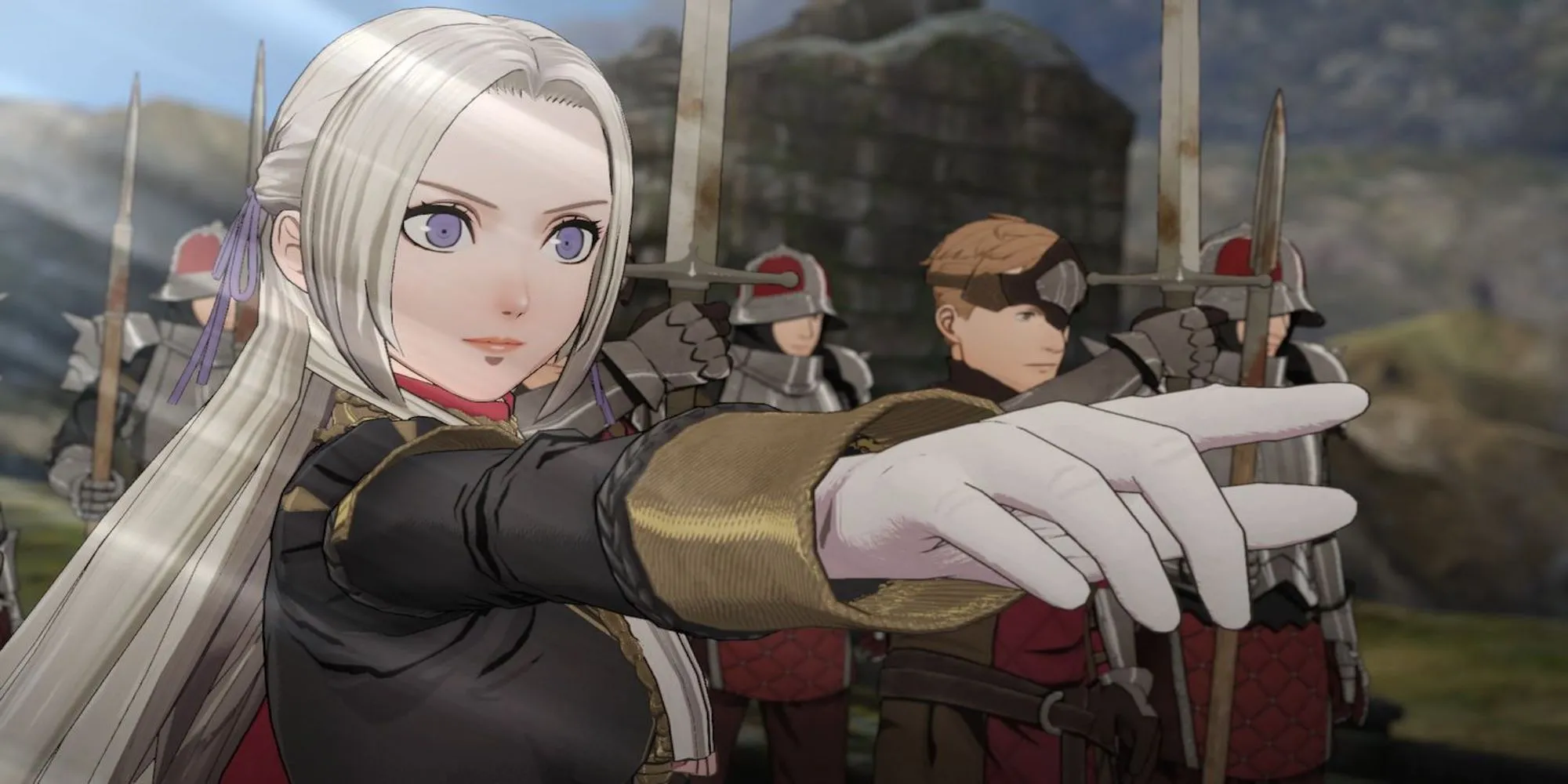 Edelgard trong Fire Emblem: Three Houses đang chỉ tay ra ngoài màn hình, biểu thị sự quyết đoán trong trận chiến.