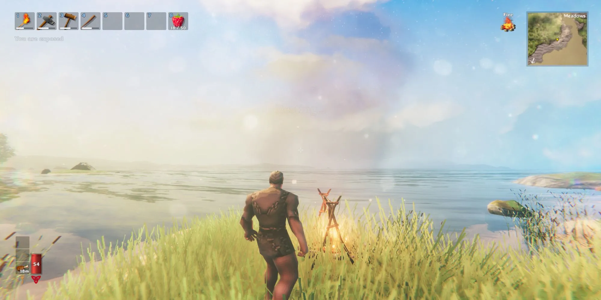 Game thủ Valheim ngắm nhìn đại dương bao la từ trại lửa ấm cúng