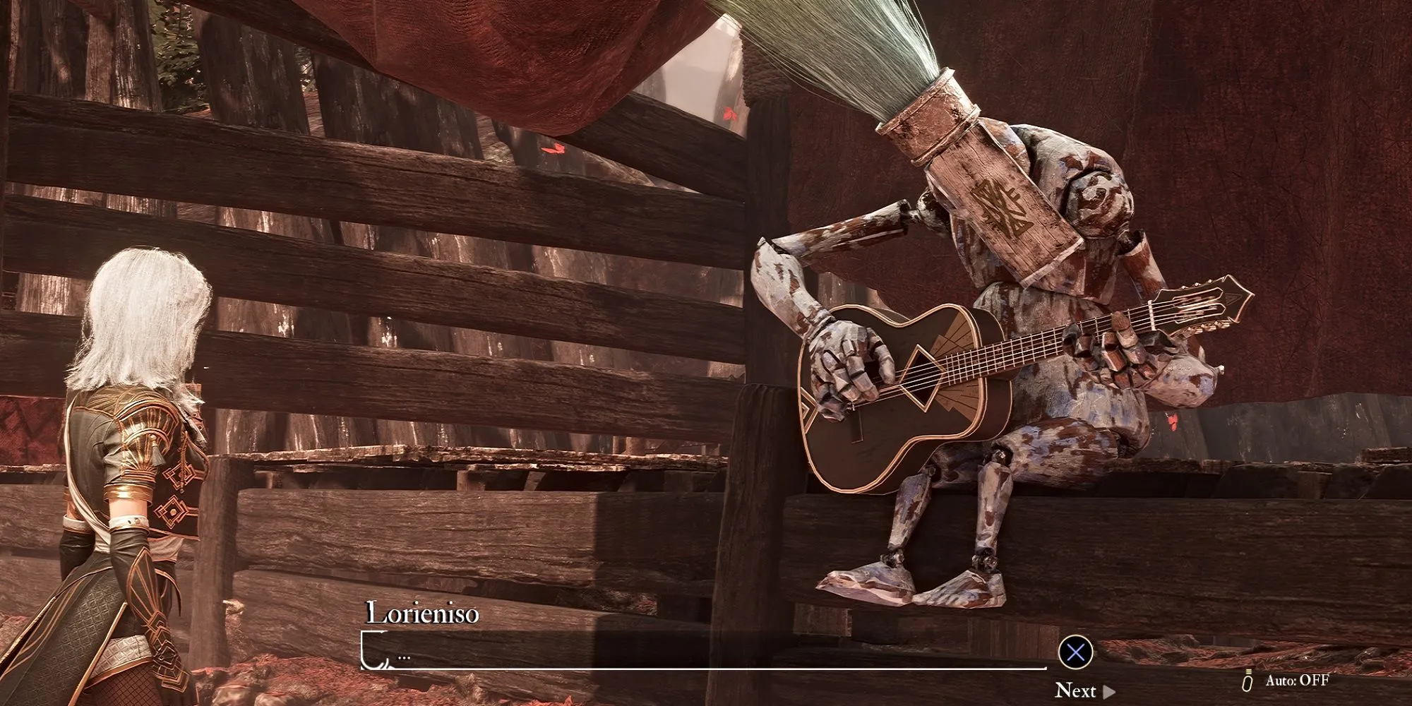 Gestral Lorieniso ngồi chơi guitar trên sân khấu trong Làng Gestral của Clair Obscur Expedition 33