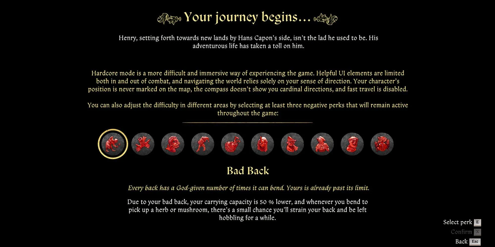 Giao diện chọn các debuff đặc trưng trong chế độ Hardcore của Kingdom Come Deliverance 2, thể hiện sự khắc nghiệt của game