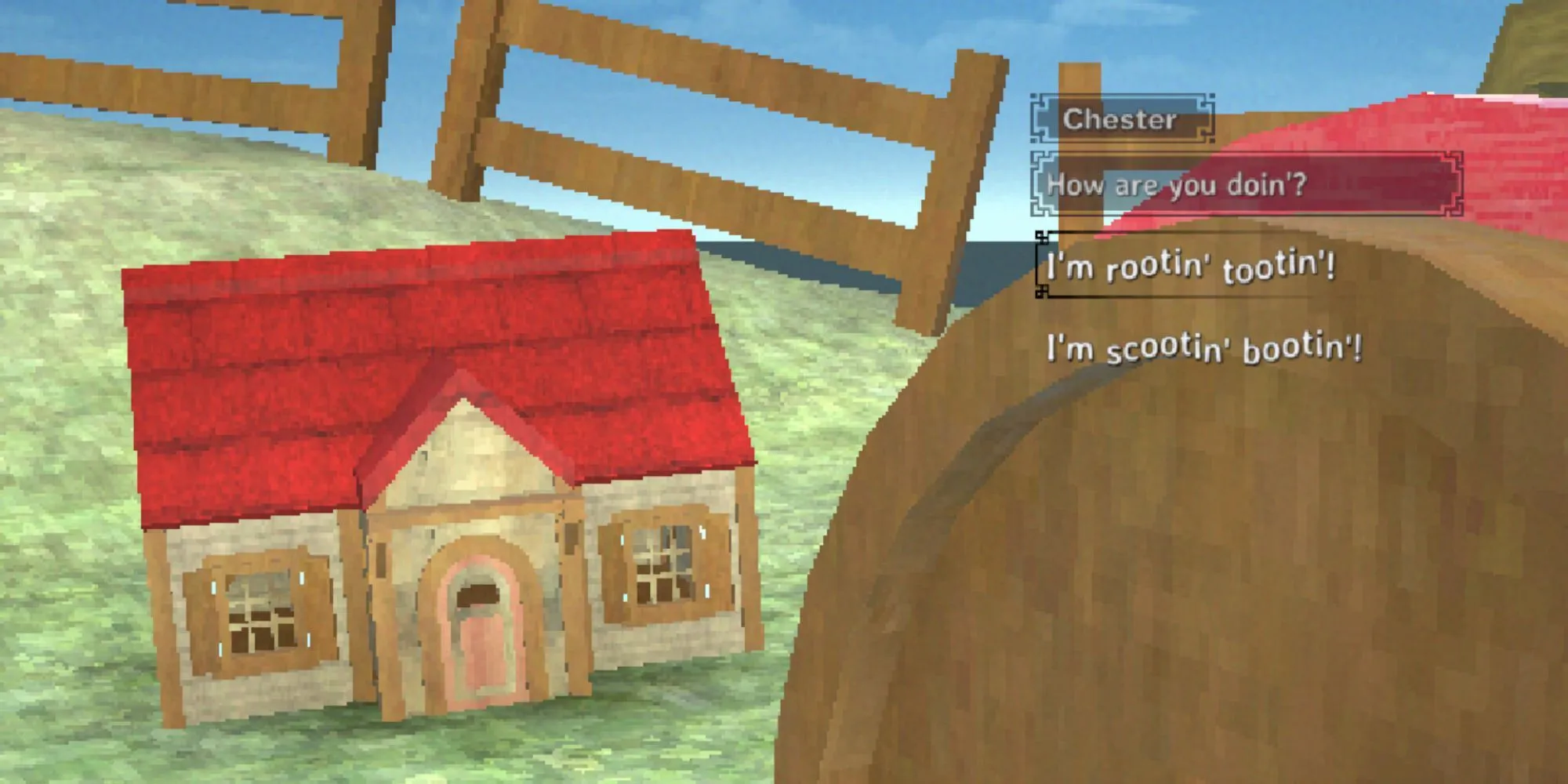 Giao diện gameplay của Building Relationships, một ngôi nhà đang bay giữa các tòa nhà khác