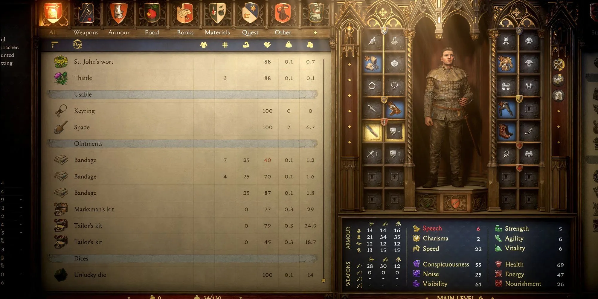 Giao diện hành trang của Henry trong Kingdom Come Deliverance 2 với nhiều loại vật phẩm hồi máu và lương thực, cho thấy sự chuẩn bị kỹ lưỡng