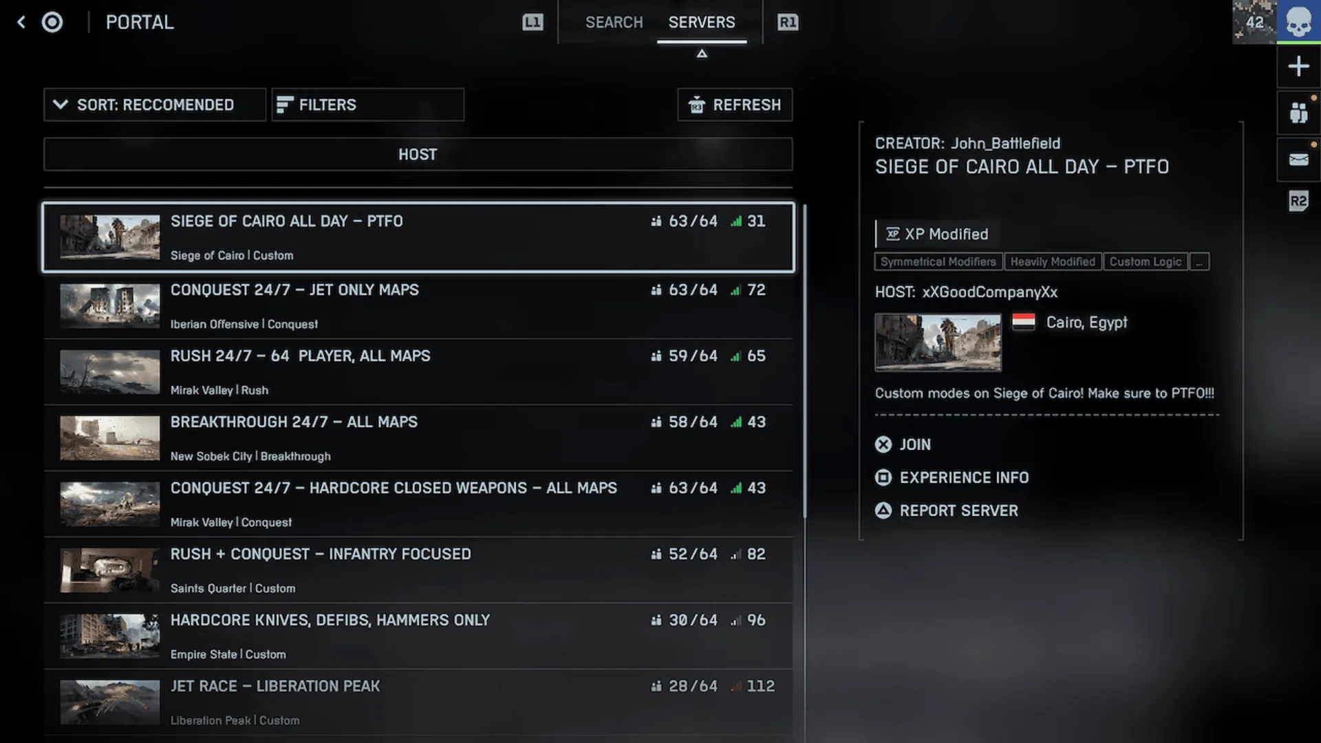 Giao diện tùy chỉnh chế độ chơi trong Battlefield Portal của Battlefield 6, thể hiện sự tự do sáng tạo của game thủ với máy chủ cố định.