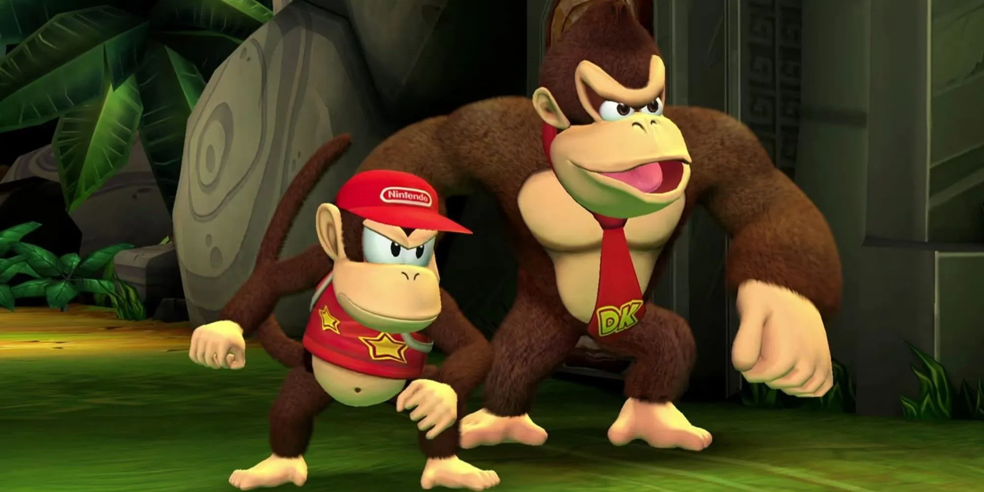 Hai Donkey Kong trong Donkey Kong Country Returns HD cùng nhau vượt chướng ngại vật