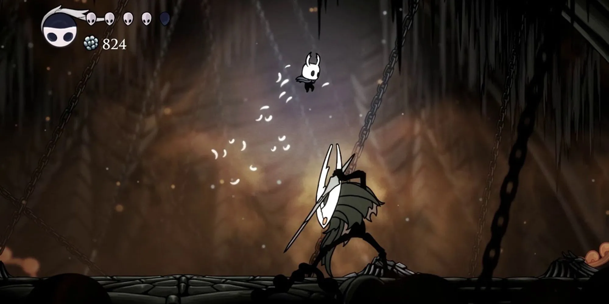 Hiệp Sĩ Bé Nhỏ đối đầu với Hollow Knight trong một cảnh chiến đấu đầy cảm xúc