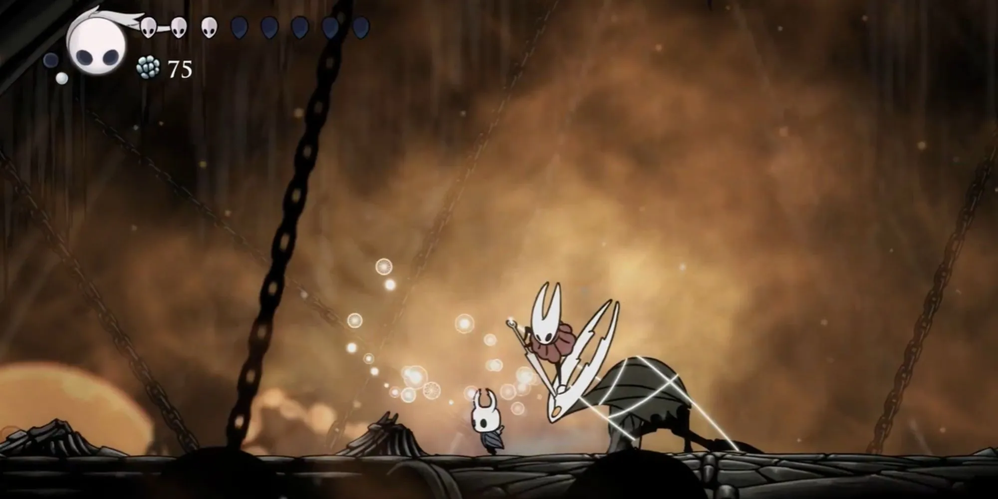 Hiệp Sĩ Bé Nhỏ đối mặt với Hollow Knight, trong khi Hornet bị trói buộc, thể hiện sự hy sinh chung
