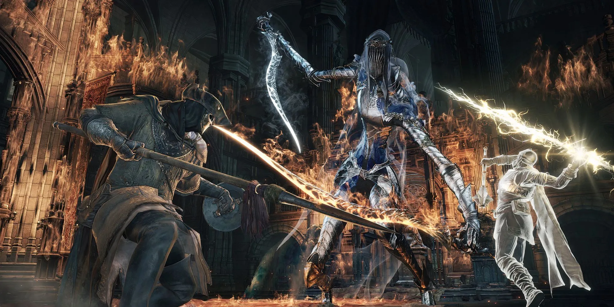 Hiệp sĩ Unkindled Ash cùng linh hồn triệu hồi chiến đấu với Dancer of the Boreal Valley trong Dark Souls 3