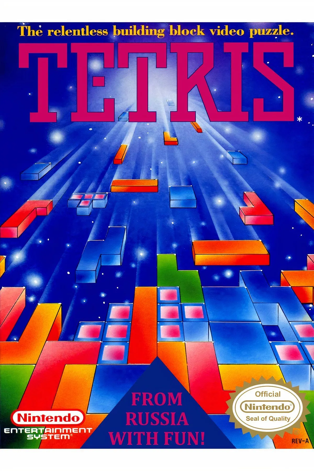 Hình ảnh bìa của Tetris phiên bản 1989 trên Game Boy, biểu tượng của game giải đố kinh điển.
